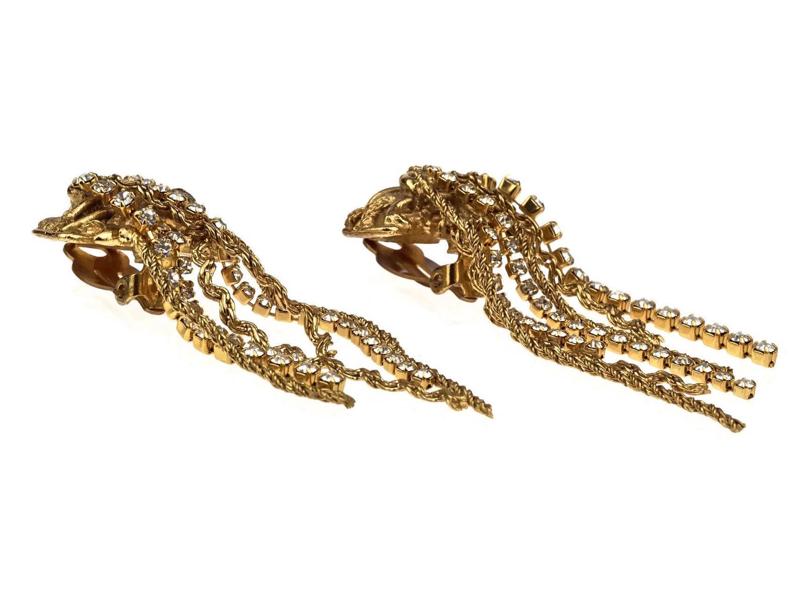 Women's Vintage CHRISTIAN LACROIX Textured Cross Cascading Chain Rhinestone Earrings