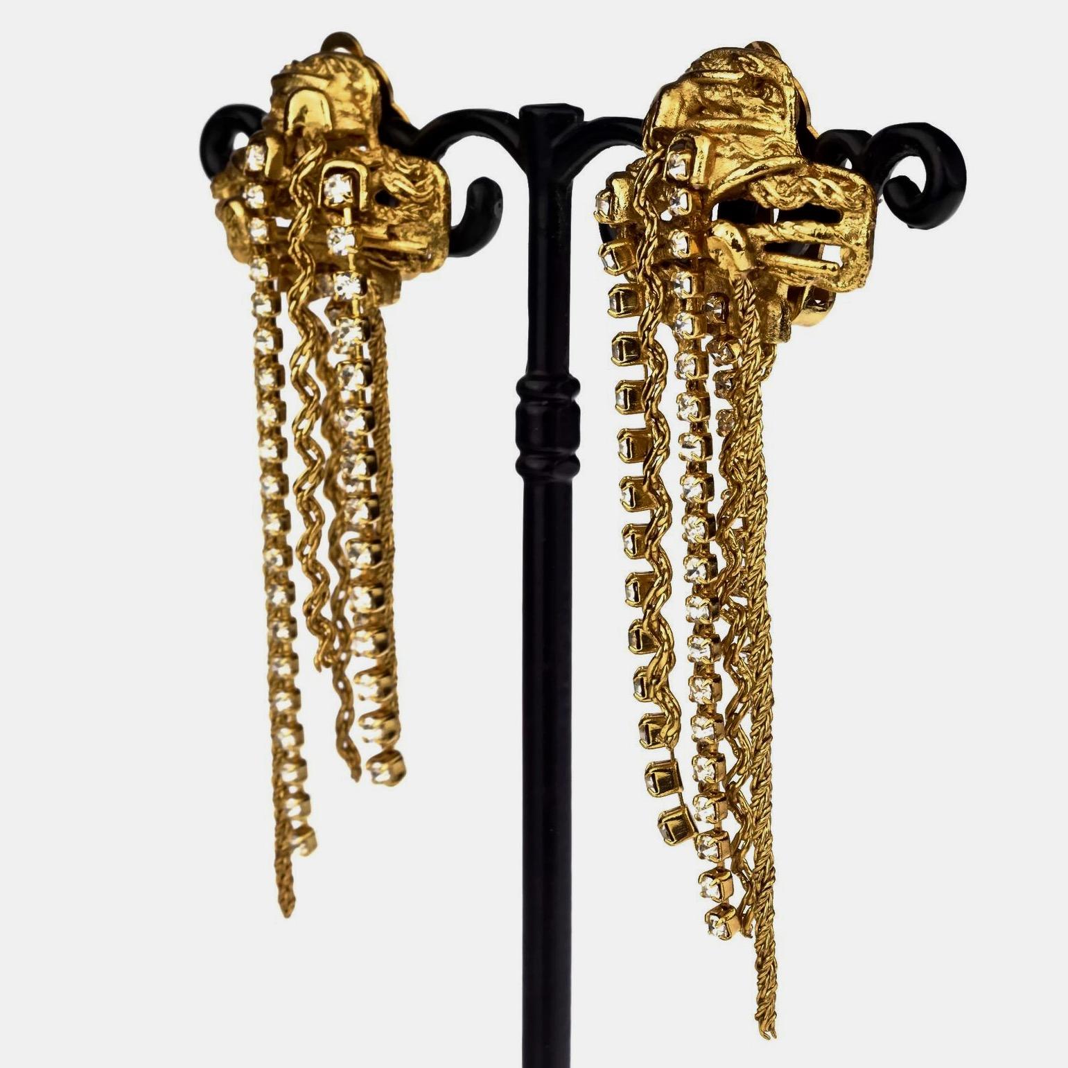 Vintage CHRISTIAN LACROIX Textured Cross Cascading Chain Rhinestone Earrings 1