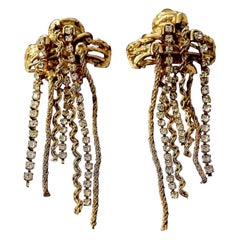 Vintage CHRISTIAN LACROIX Textured Cross Cascading Chain Rhinestone Earrings