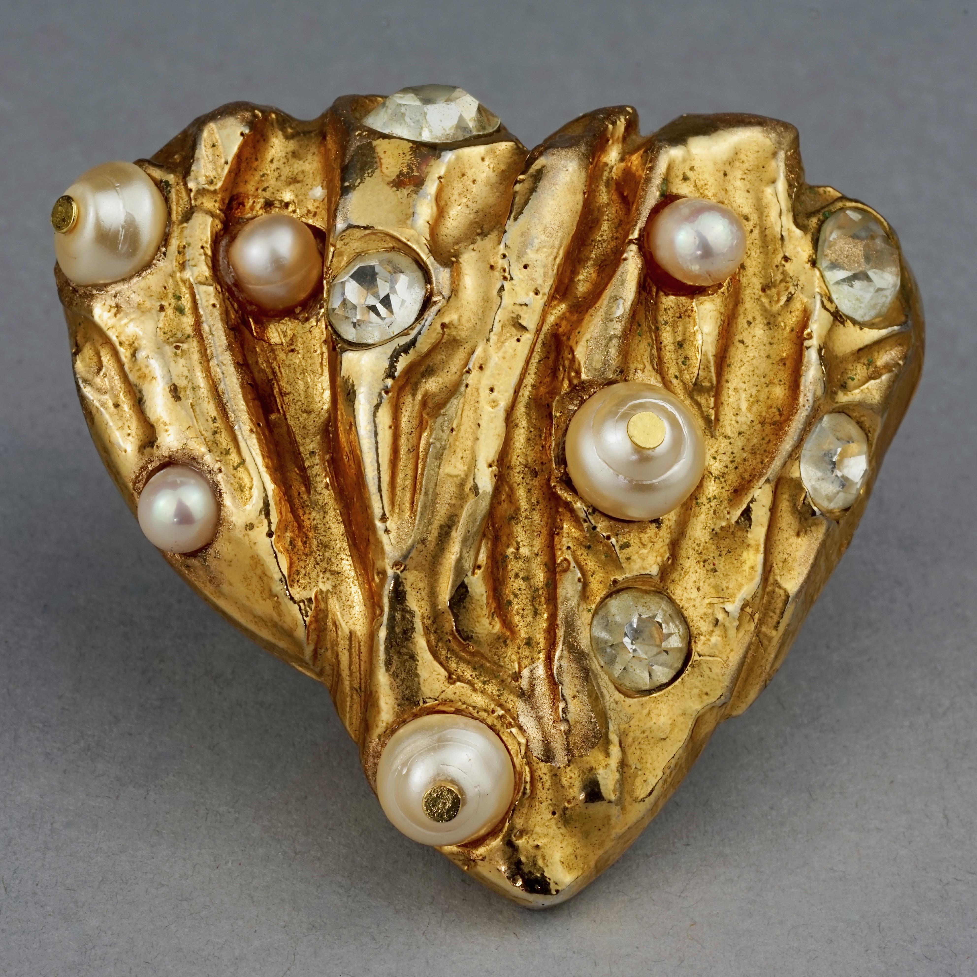 Vintage CHRISTIAN LACROIX Textured Heart Pearl Rhinestone Brooch For Sale 3