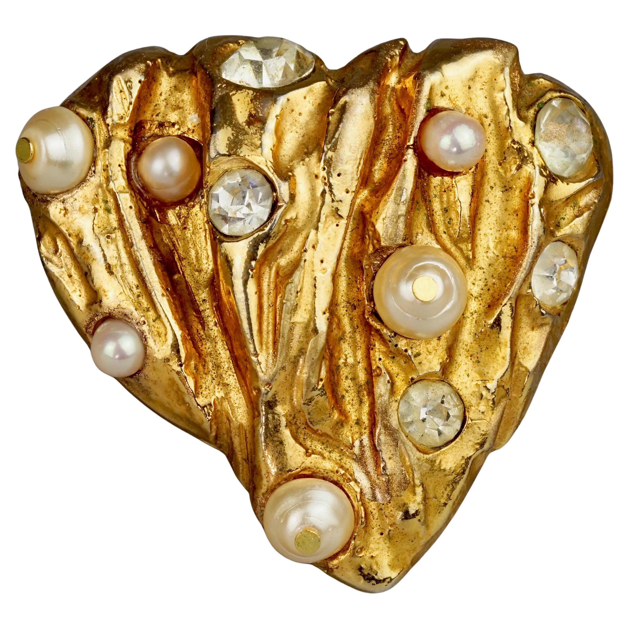 Vintage CHRISTIAN LACROIX Textured Heart Pearl Rhinestone Brooch For Sale