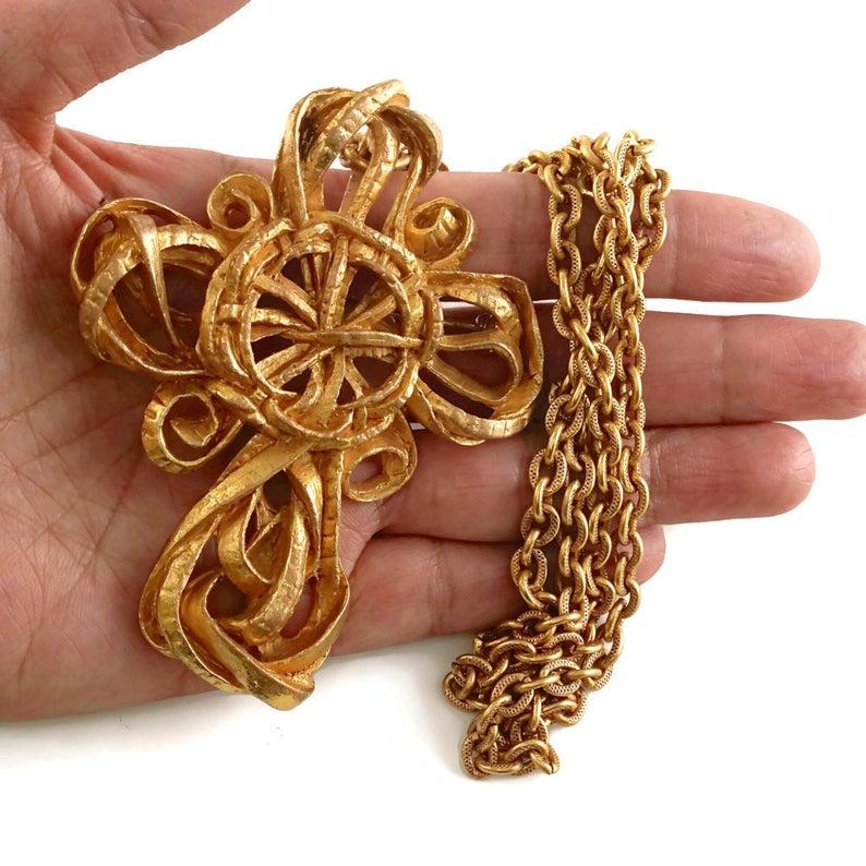 Women's Vintage CHRISTIAN LACROIX Torsade Cross Brooch Necklace