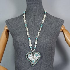Vintage CHRISTIAN LACROIX Turquoise Cabochon Beaded Heart Pendant Necklace