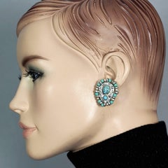 Vintage CHRISTIAN LACROIX Turquoise Cabochon Beaded Oval Silver Earrings