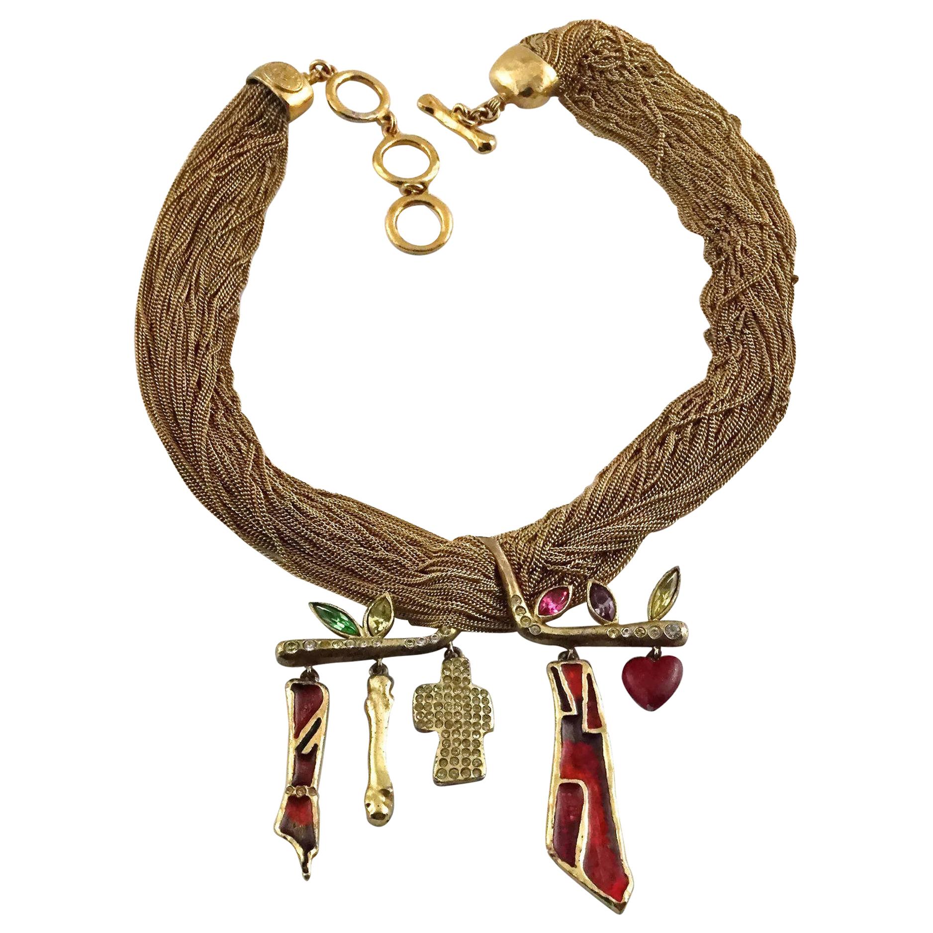 Vintage CHRISTIAN LACROIX Whimsical Charm Hanger Multi Chain Necklace For Sale