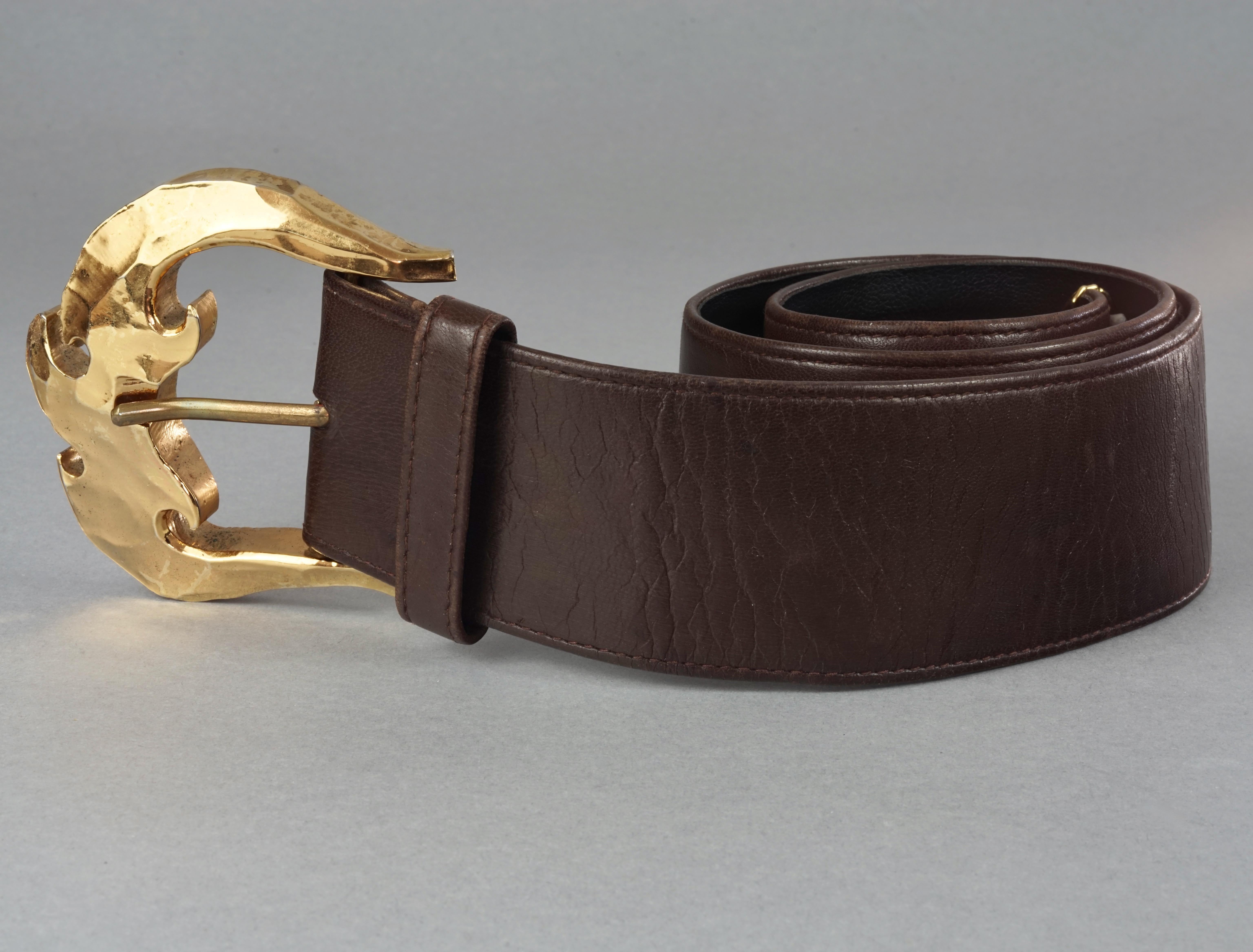 Black Vintage CHRISTIAN LACROIX Wide Gilt Buckle Brown Leather Belt For Sale