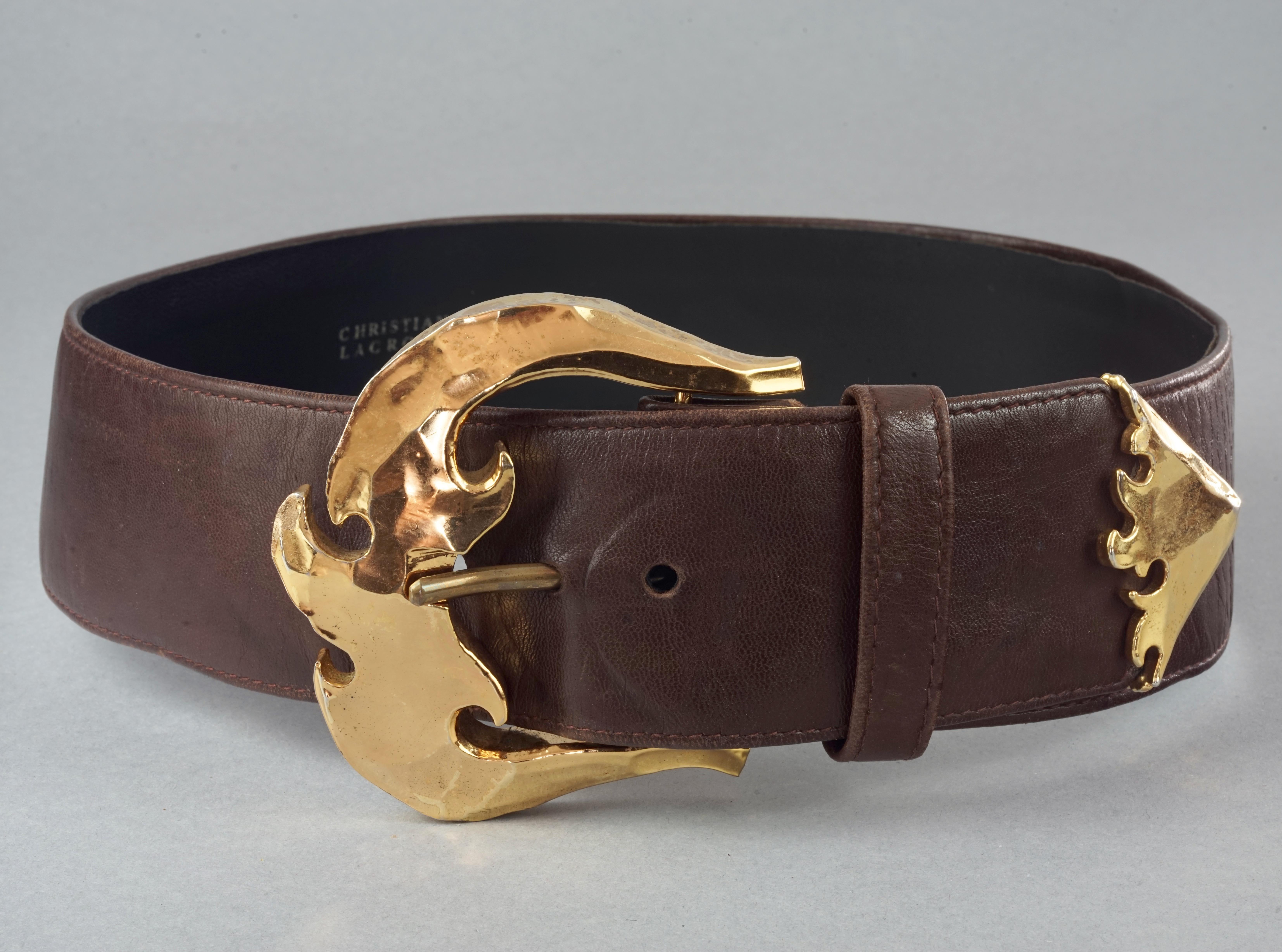 Vintage CHRISTIAN LACROIX Wide Gilt Buckle Brown Leather Belt In Good Condition For Sale In Kingersheim, Alsace