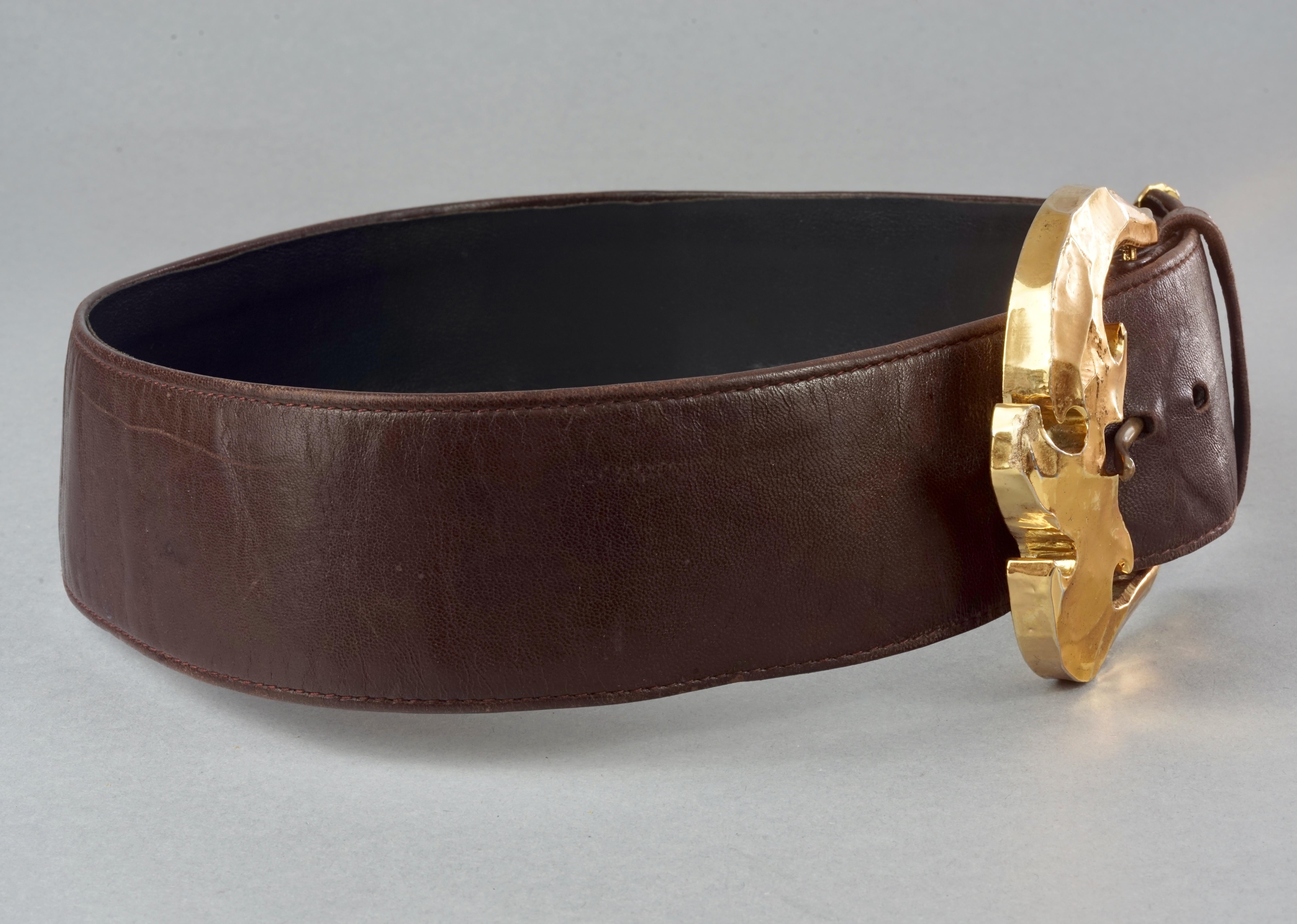 Vintage CHRISTIAN LACROIX Wide Gilt Buckle Brown Leather Belt For Sale 1