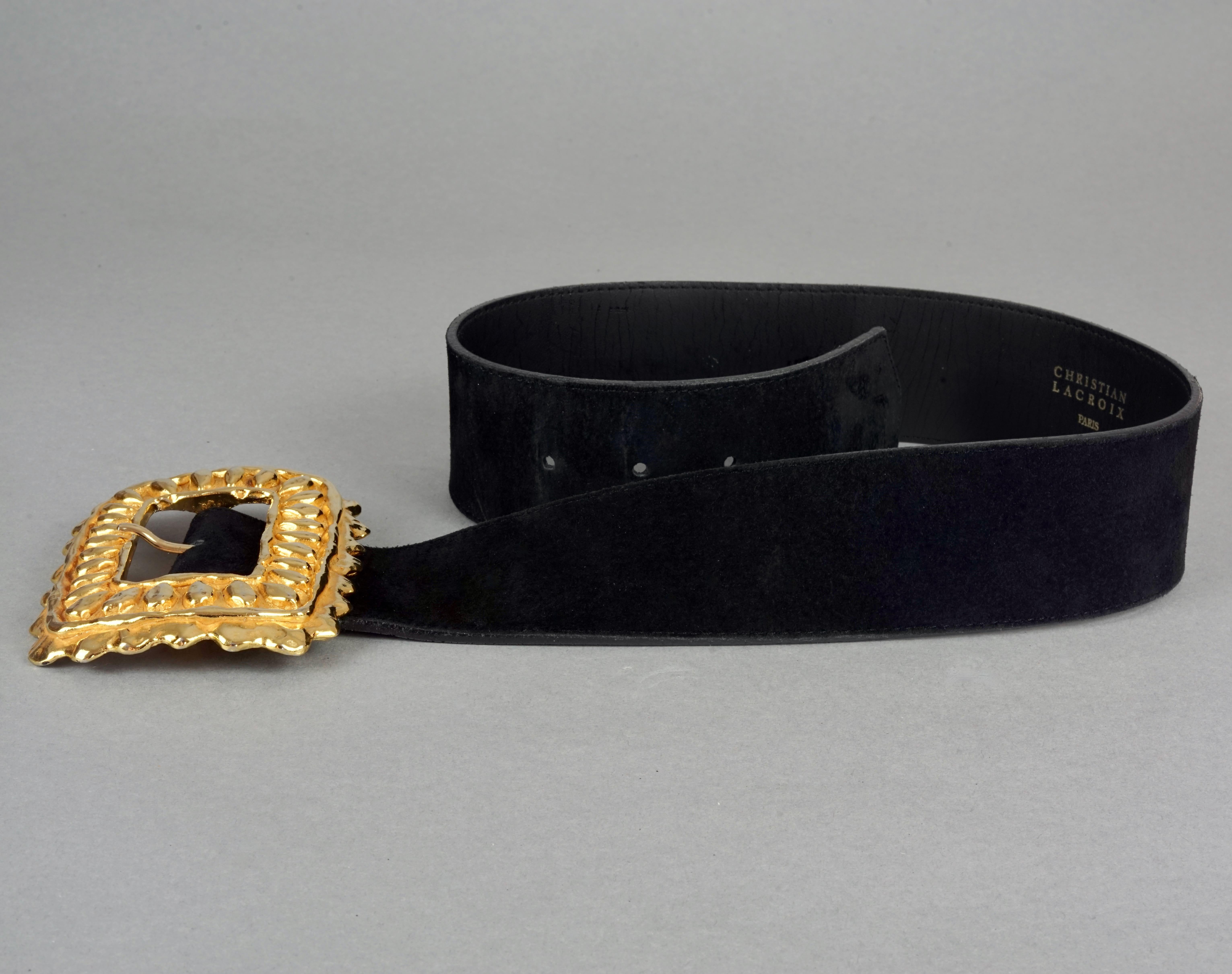 Black Vintage CHRISTIAN LACROIX Wide Gilt Buckle Suede Leather Belt