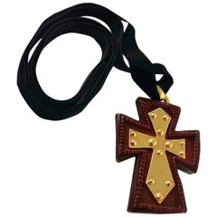 Vintage CHRISTIAN LACROIX Wood Resin Cross Necklace