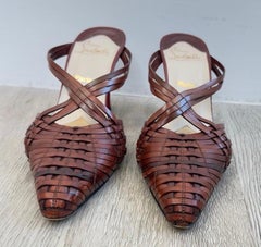 Vintage Christian Louboutin Size 38 / 8 Brown Woven Leather Mules Pointed Heels