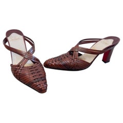 Vintage Christian Louboutin Size 38 / 8 Brown Woven Leather Mules Pointed Heels