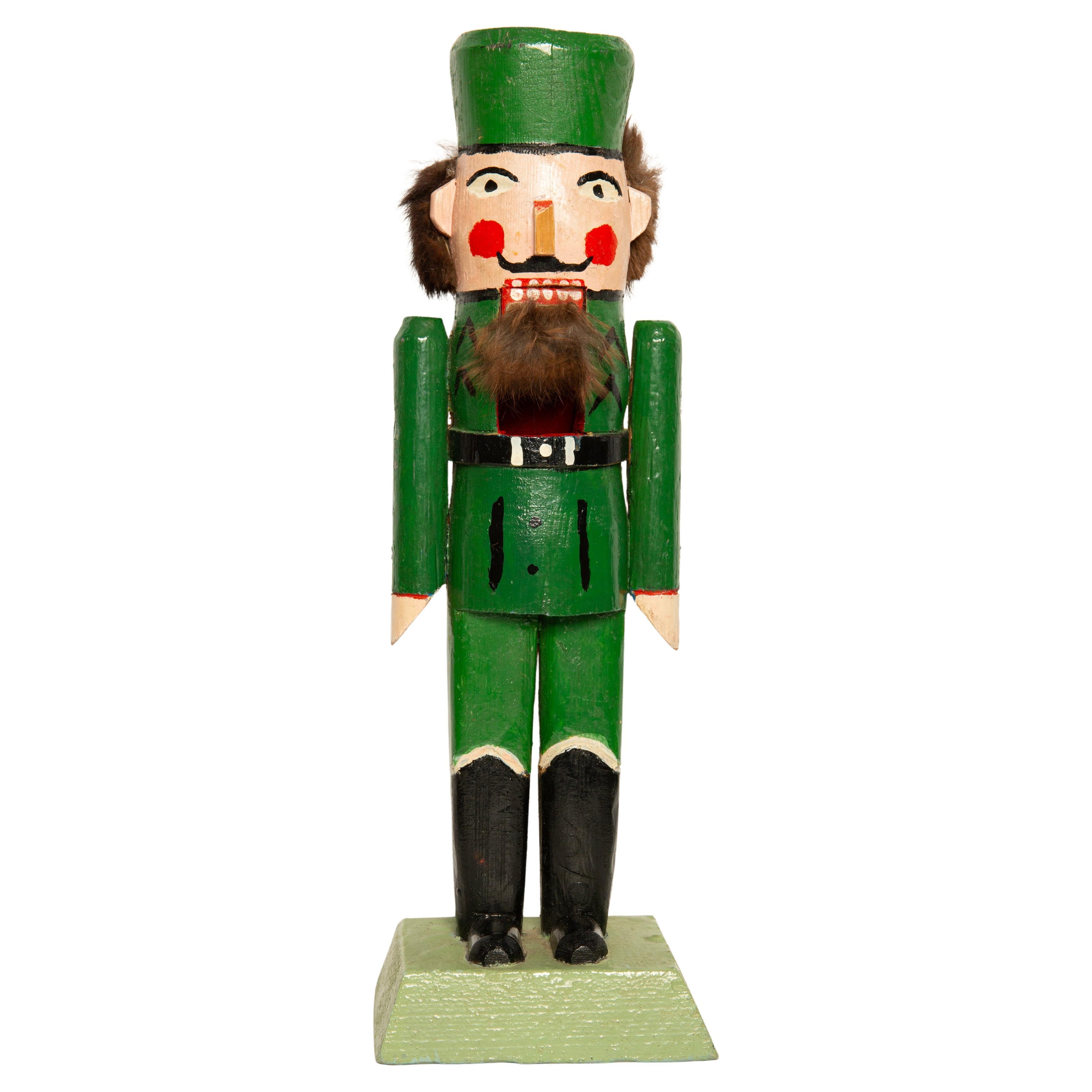 Vintage Christmas Big Green Nutcracker, Wood, Erzgebirge, Germany, 1970 For Sale