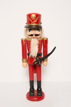 Vintage Christmas Big Red Nutcracker with Knife, Wood, Erzgebirge, Germany, 1970