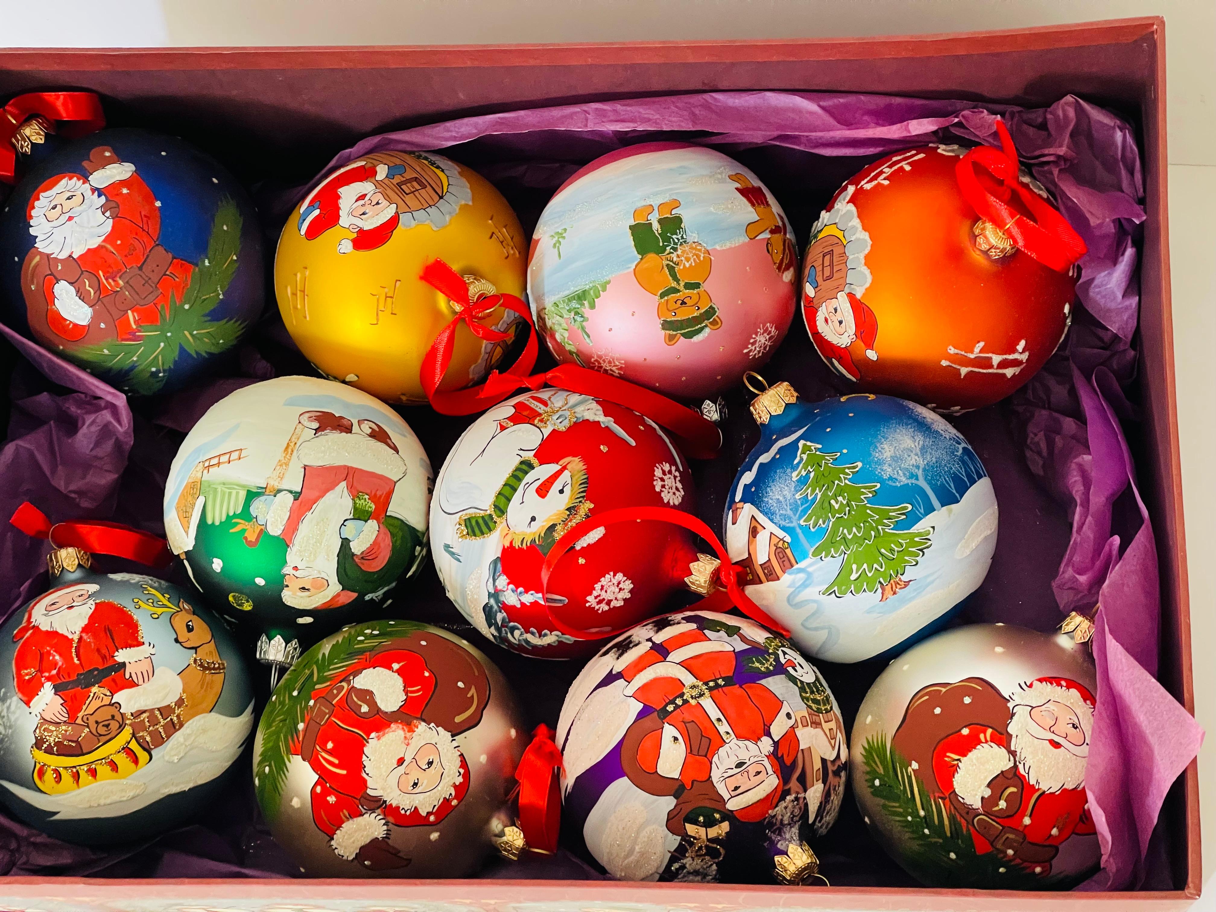 Unique Vintage Christmas  European blown glass ornaments. Large 4” glass baubles Handpainted in an old European tradition with Christmas scenes and Santa Claus. In gift box. 11 pcs set
