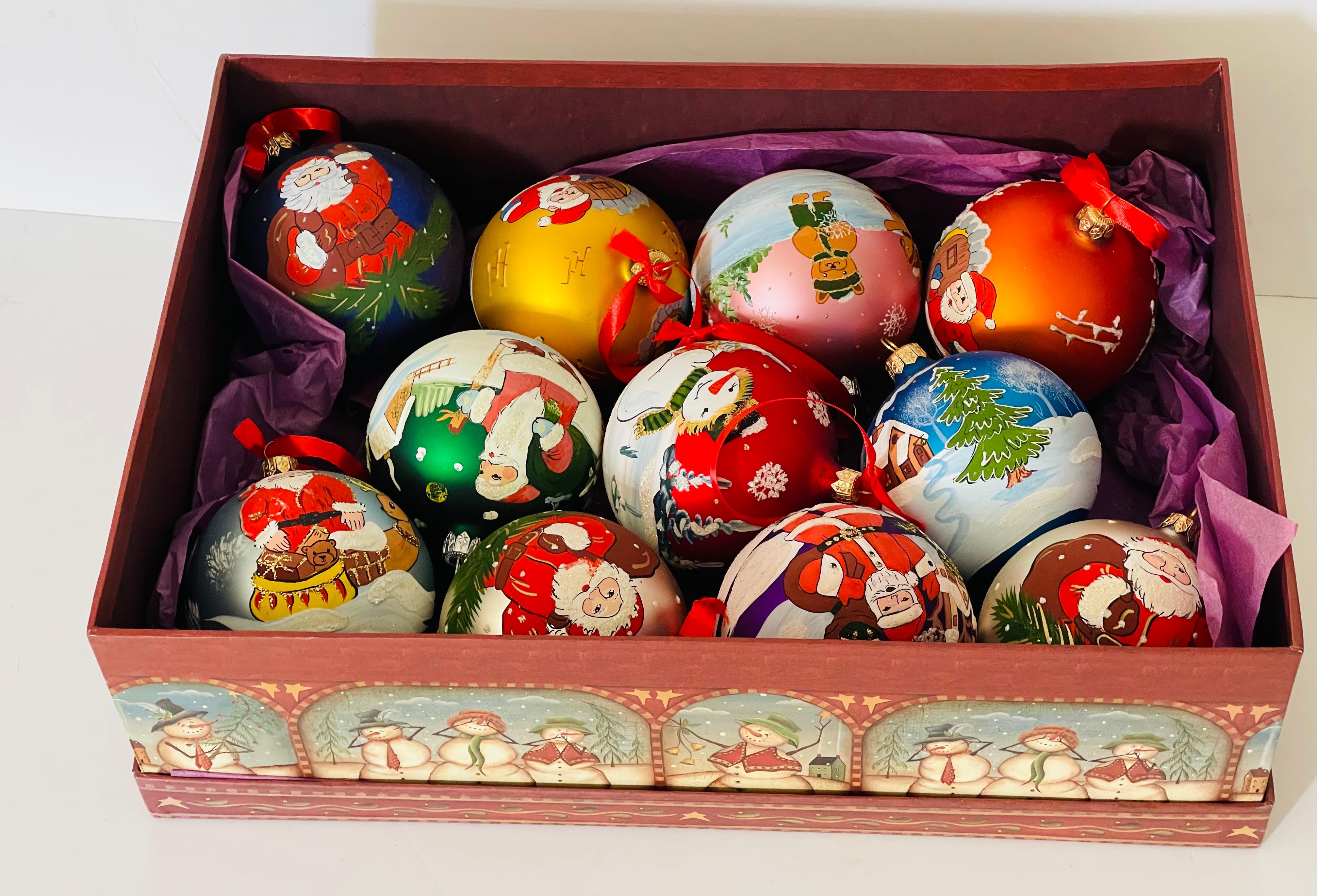 Neoclassical Vintage Christmas Large Blown Glass Handpainted Christmas Ornaments For Sale