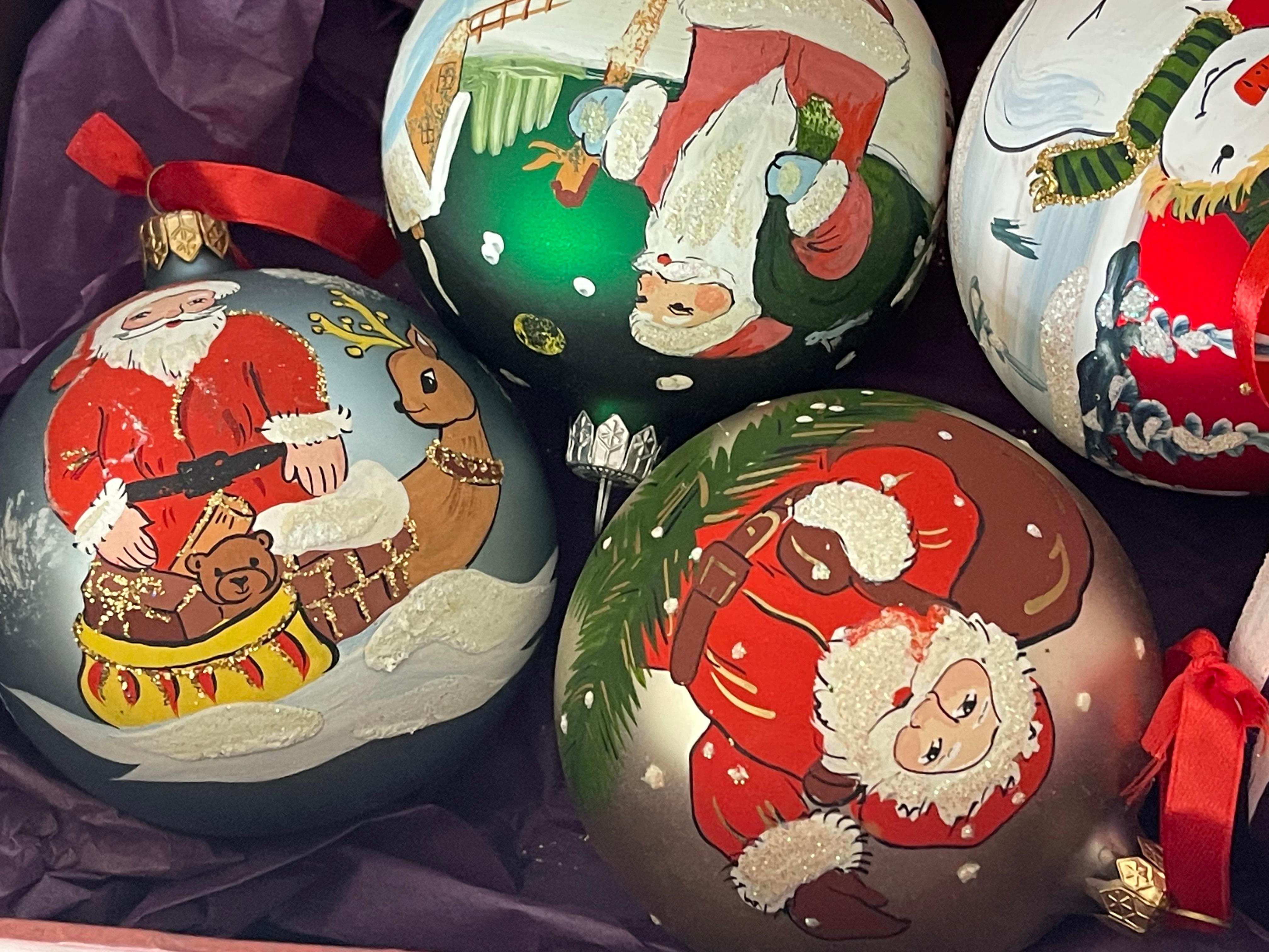 Late 20th Century Vintage Christmas Large Blown Glass Handpainted Christmas Ornaments For Sale