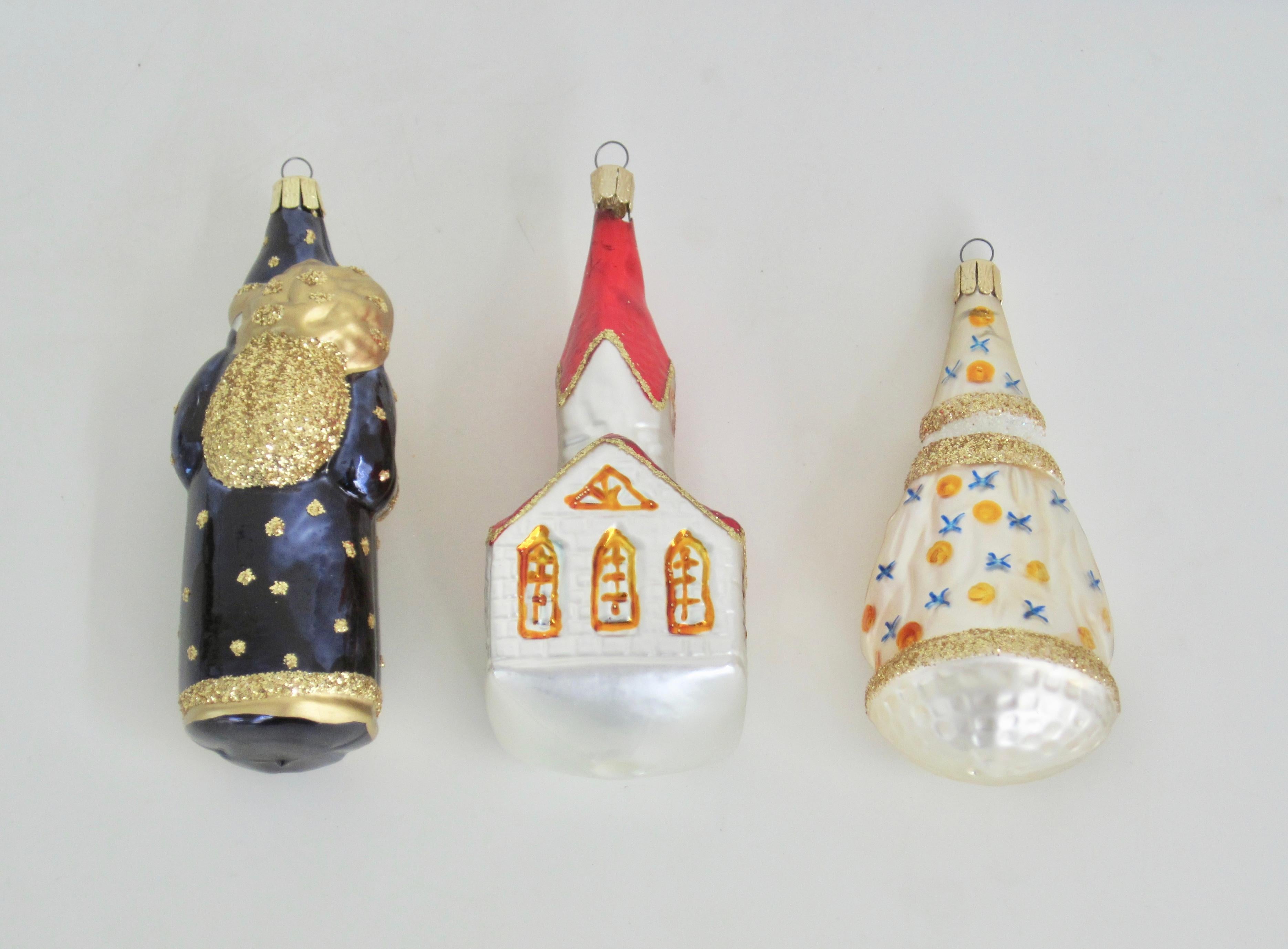 Vintage Christmas Ornaments, Flocked Blown Glass, Set of Three 2