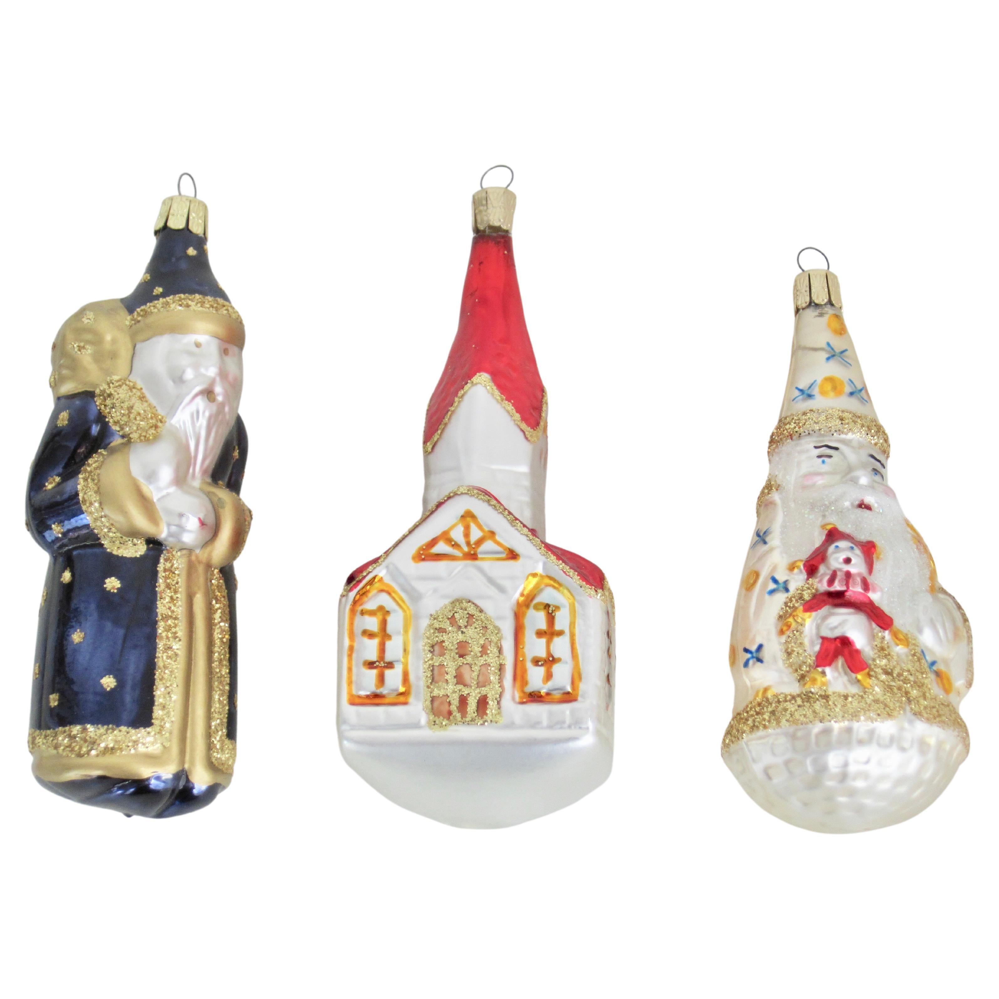 Vintage Christmas Ornaments, Flocked Blown Glass, Set of Three