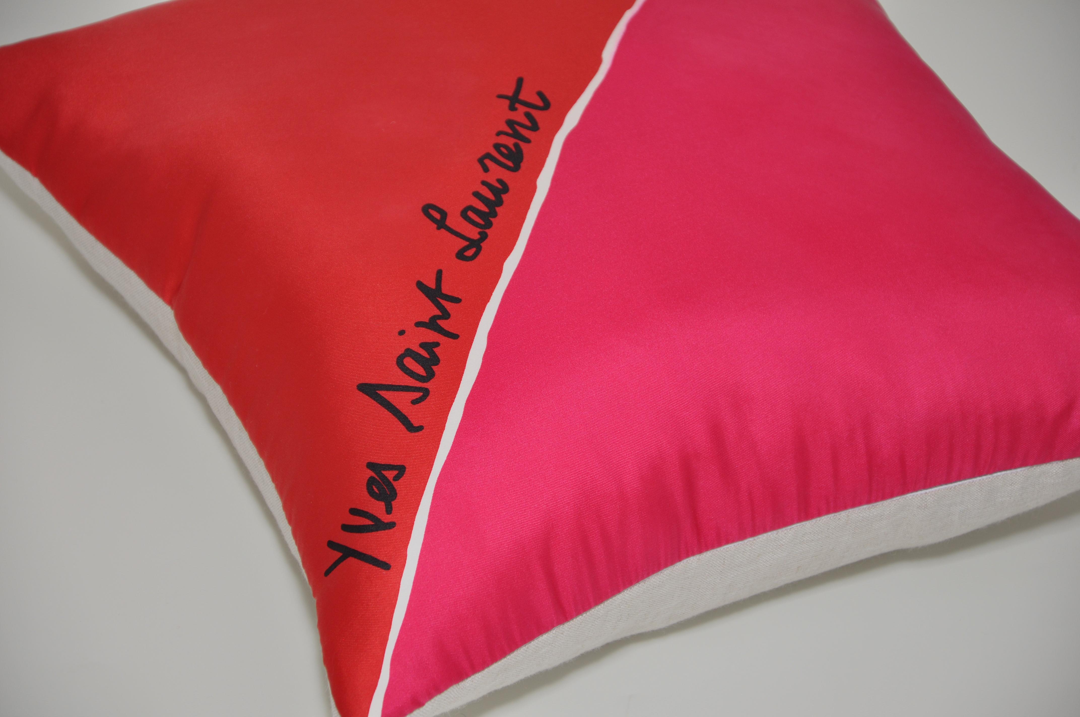 Vintage Christmas red pink YSL fabric cushion with Irish linen pillow

This cushion is a one-of-a-kind and part of a sustainability project. 
It has been created from an up-cycled, recycled luxury fabric, used with the intentions of promoting a