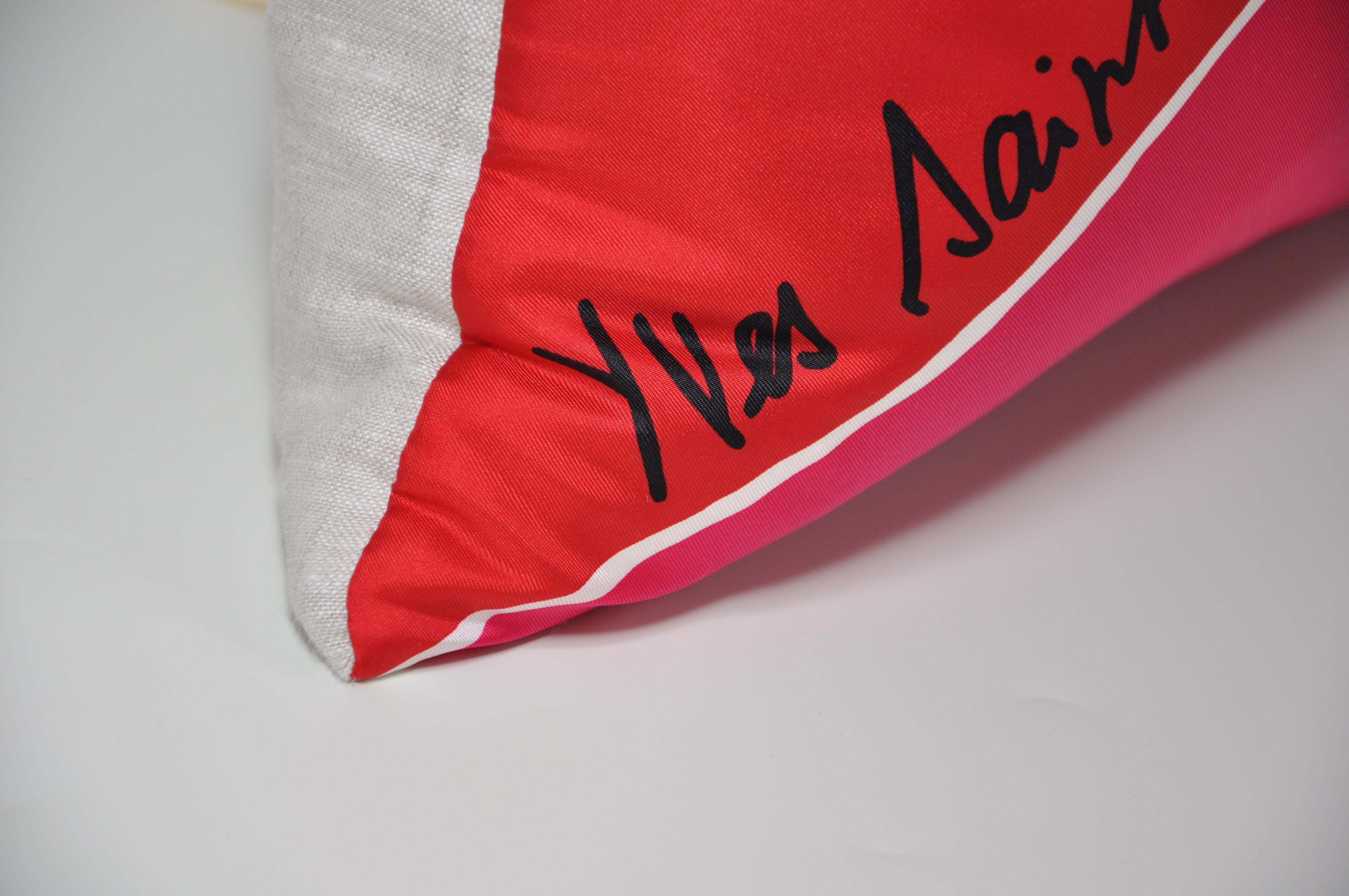 Vintage Christmas Red Pink YSL Scarf Cushion with Irish Linen Pillow In Good Condition In Belfast, Northern Ireland