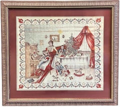 Mouchoir Vintage Scène de Noël, Imprimé sur Coton, Circa 1890-1915