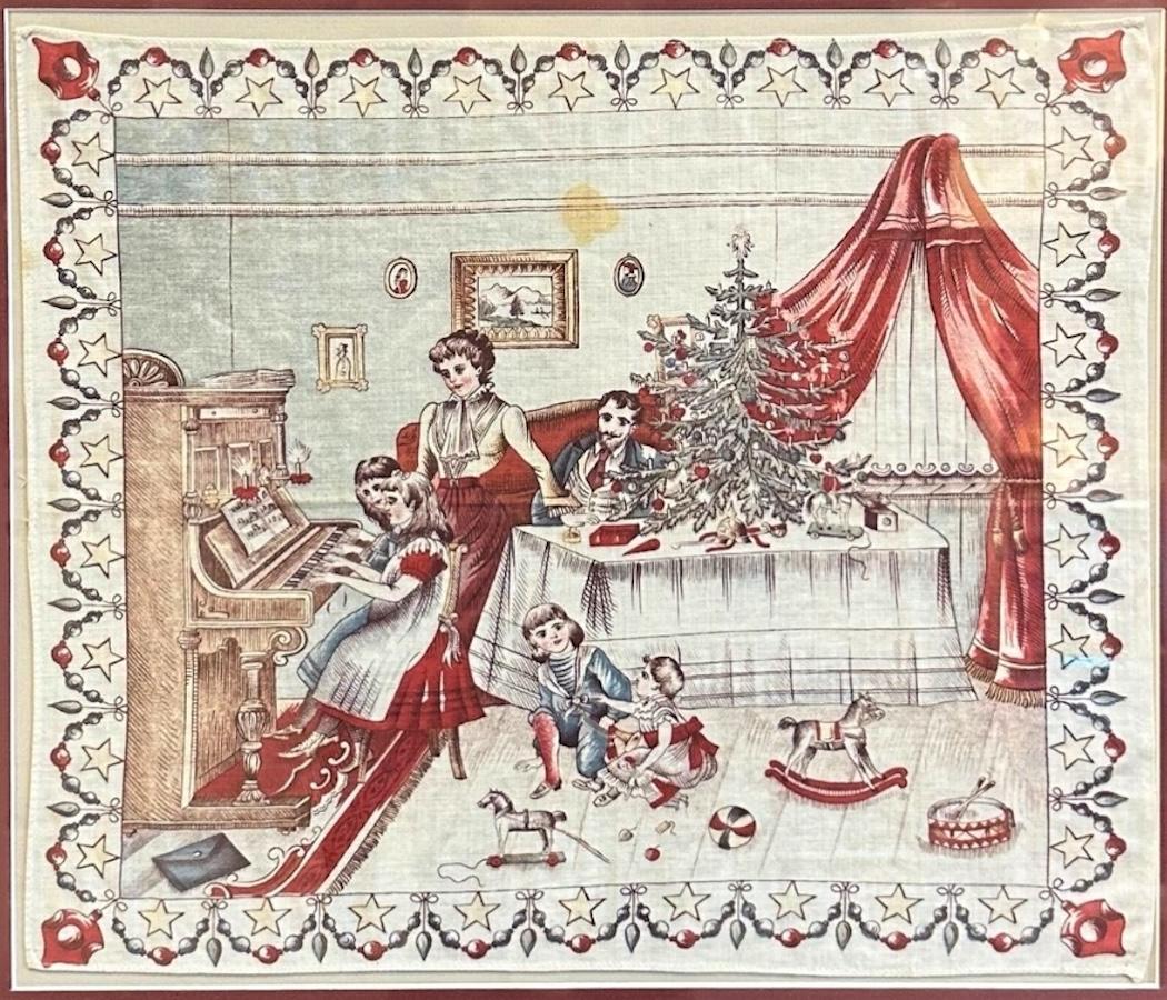 Vintage Christmas Scene Taschentuch, gedruckt auf Baumwolle, CIRCA 1890-1915 (Spätviktorianisch) im Angebot