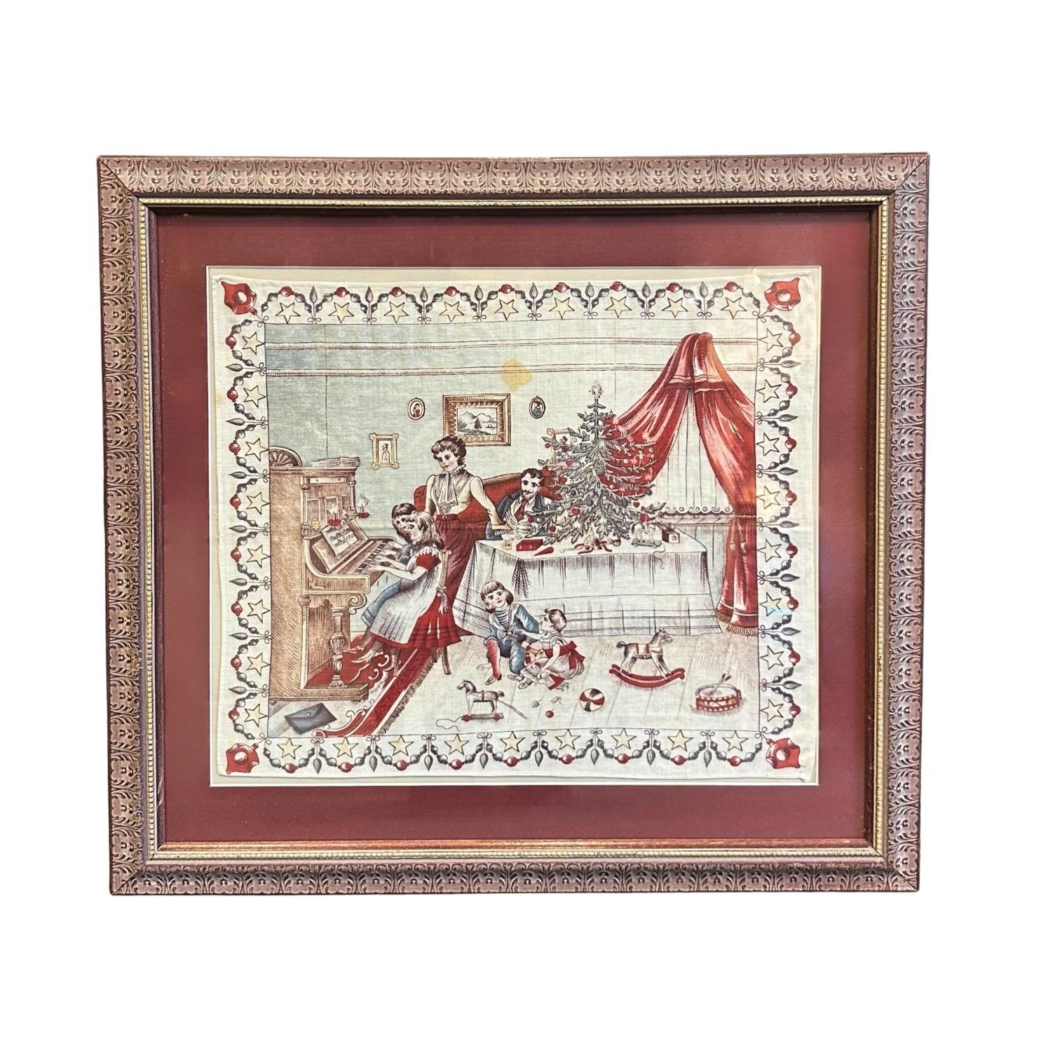Vintage Christmas Scene Taschentuch, gedruckt auf Baumwolle, CIRCA 1890-1915 (amerikanisch) im Angebot