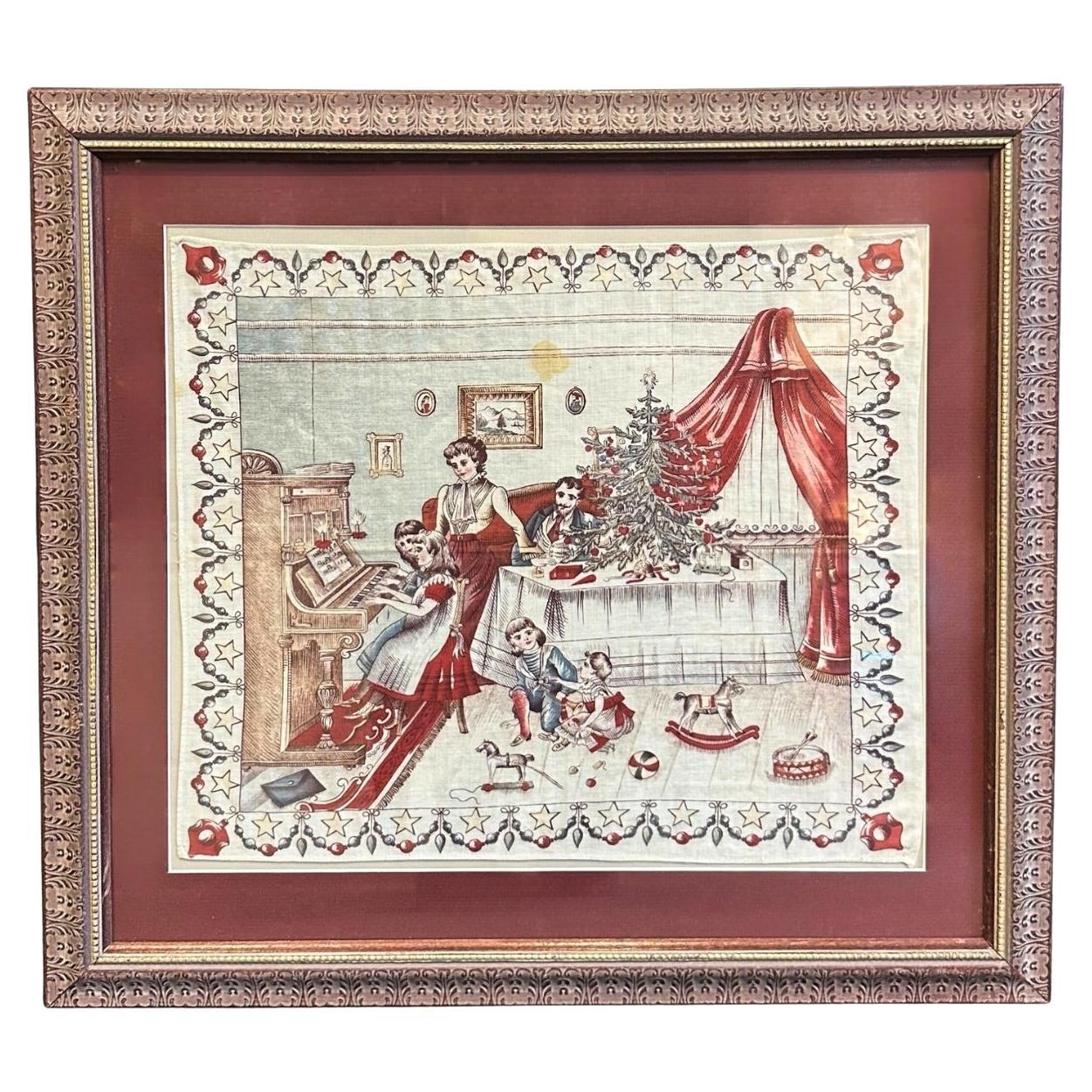 Vintage Christmas Scene Taschentuch, gedruckt auf Baumwolle, CIRCA 1890-1915