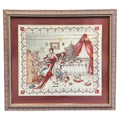 Vintage Christmas Scene Taschentuch, gedruckt auf Baumwolle, CIRCA 1890-1915