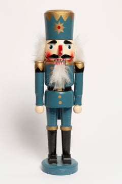 Vintage Christmas Small Denim Blue Nutcracker, Wood, Erzgebirge, Germany, 1970