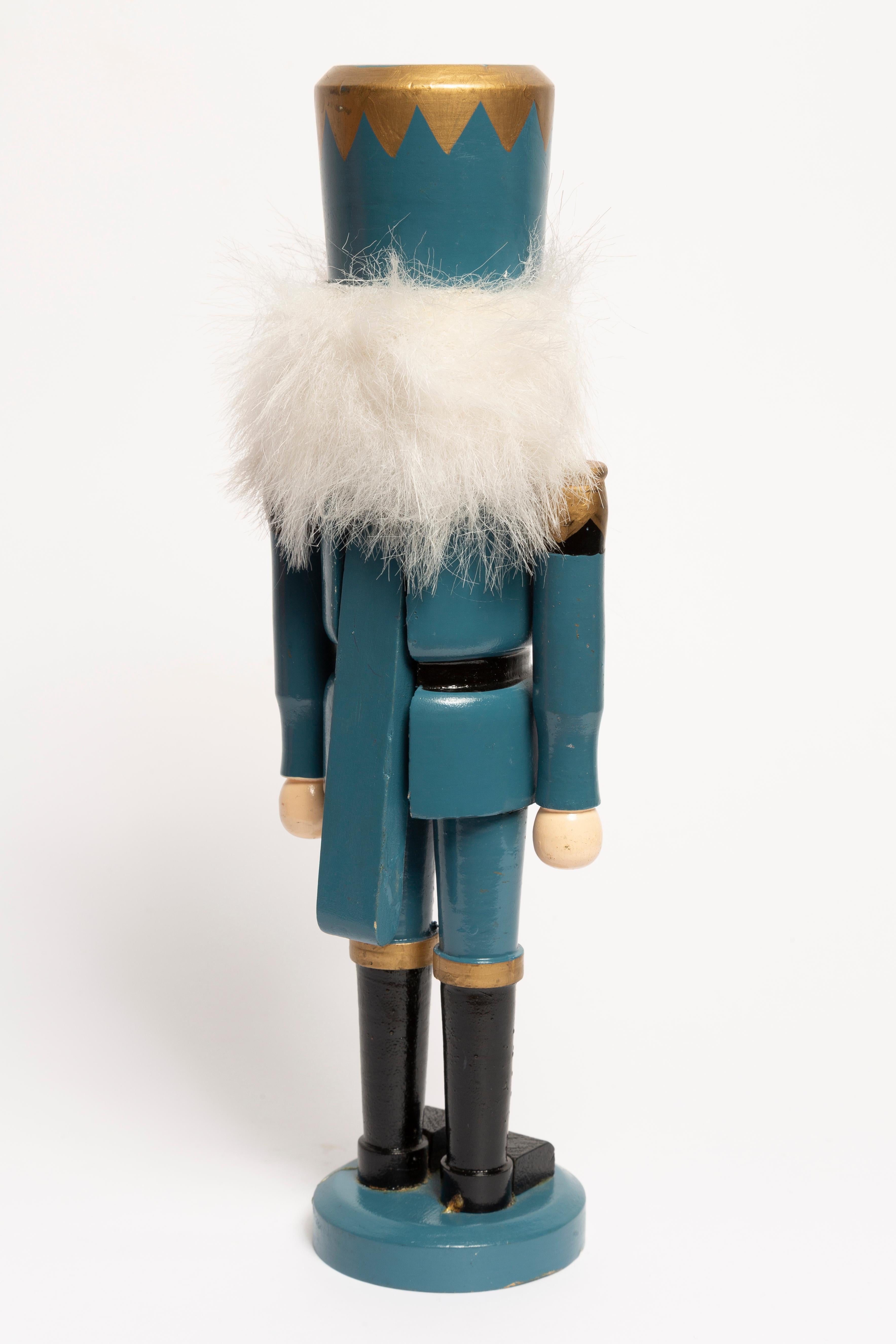 Hand-Painted Vintage Christmas Small Denim Blue Nutcracker, Wood, Erzgebirge, Germany, 1970