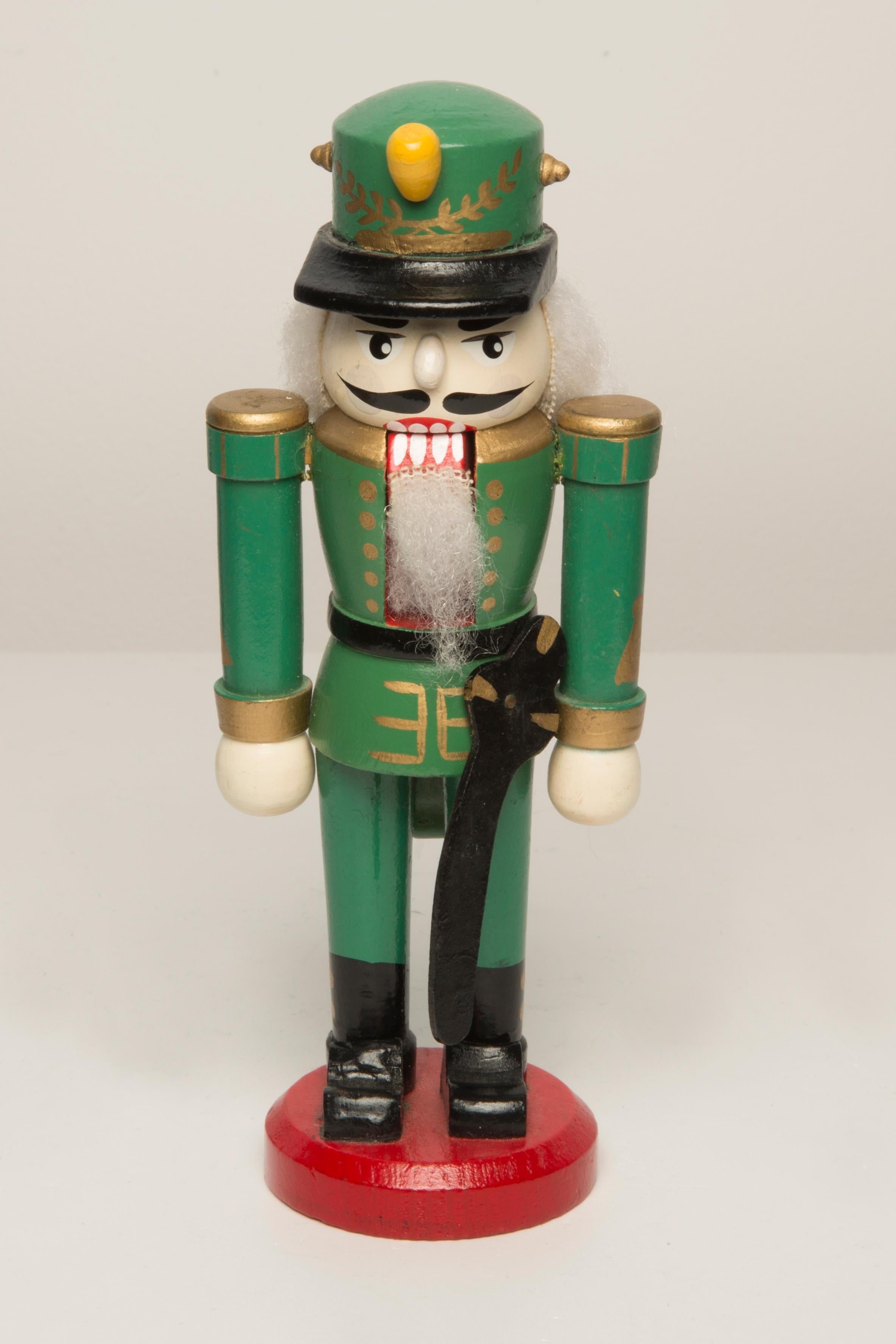 Hand-Painted Vintage Christmas Small Green Nutcracker, Wood, Erzgebirge, Germany, 1970