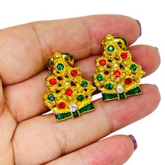 Vintage Christmas tree gold tone red green rhinestones designer clip on earrings