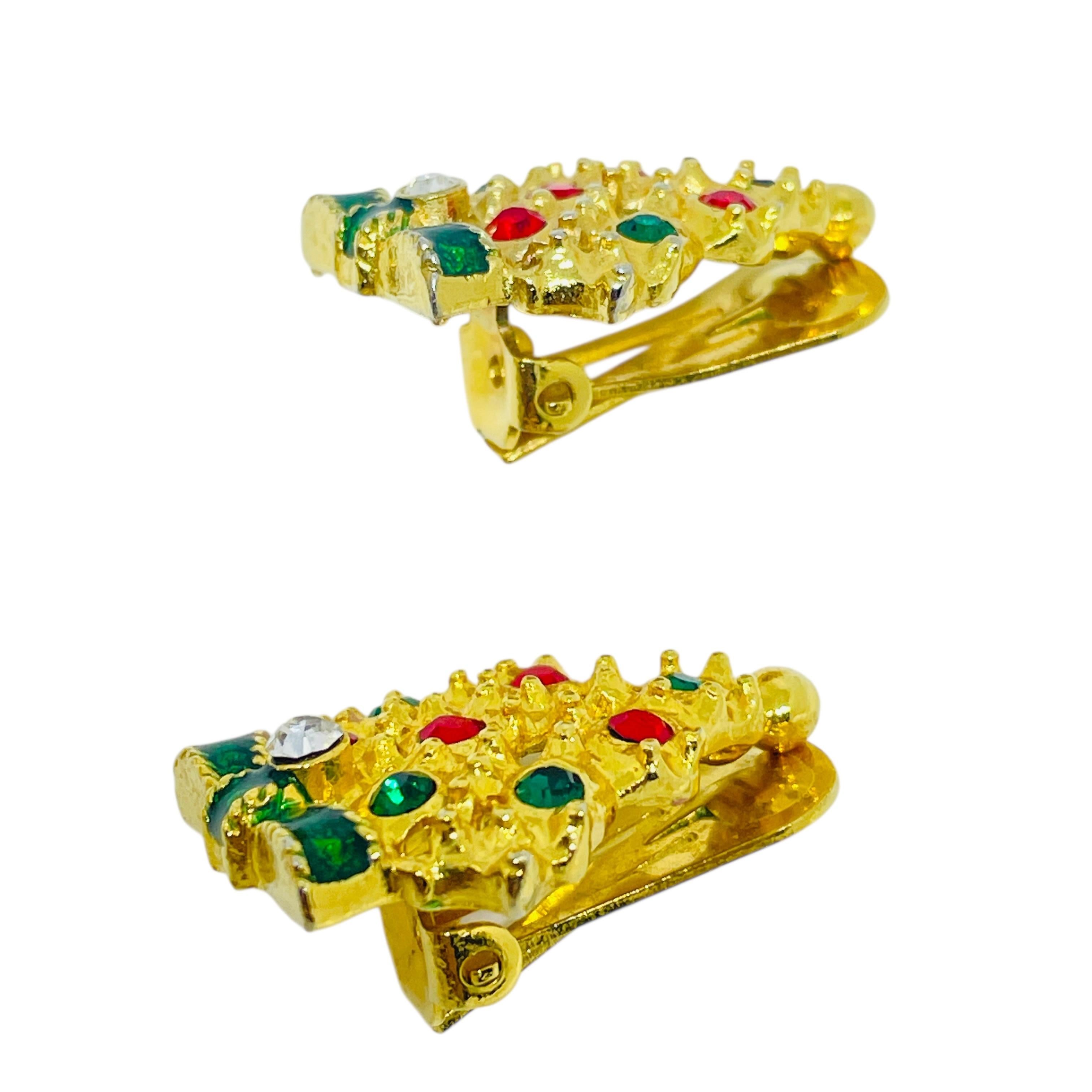 Vintage Weihnachtsbaum Gold Ton rot grün Strass Designer Clip auf Ohrringe für Damen oder Herren im Angebot