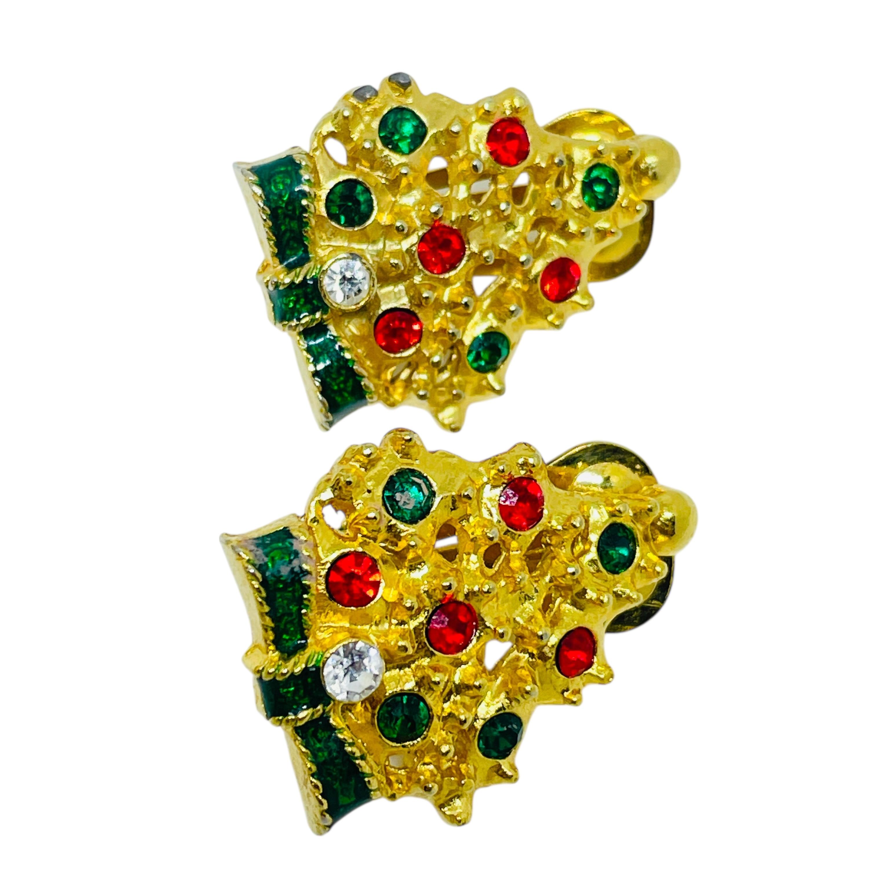 Vintage Weihnachtsbaum Gold Ton rot grün Strass Designer Clip auf Ohrringe im Angebot 1