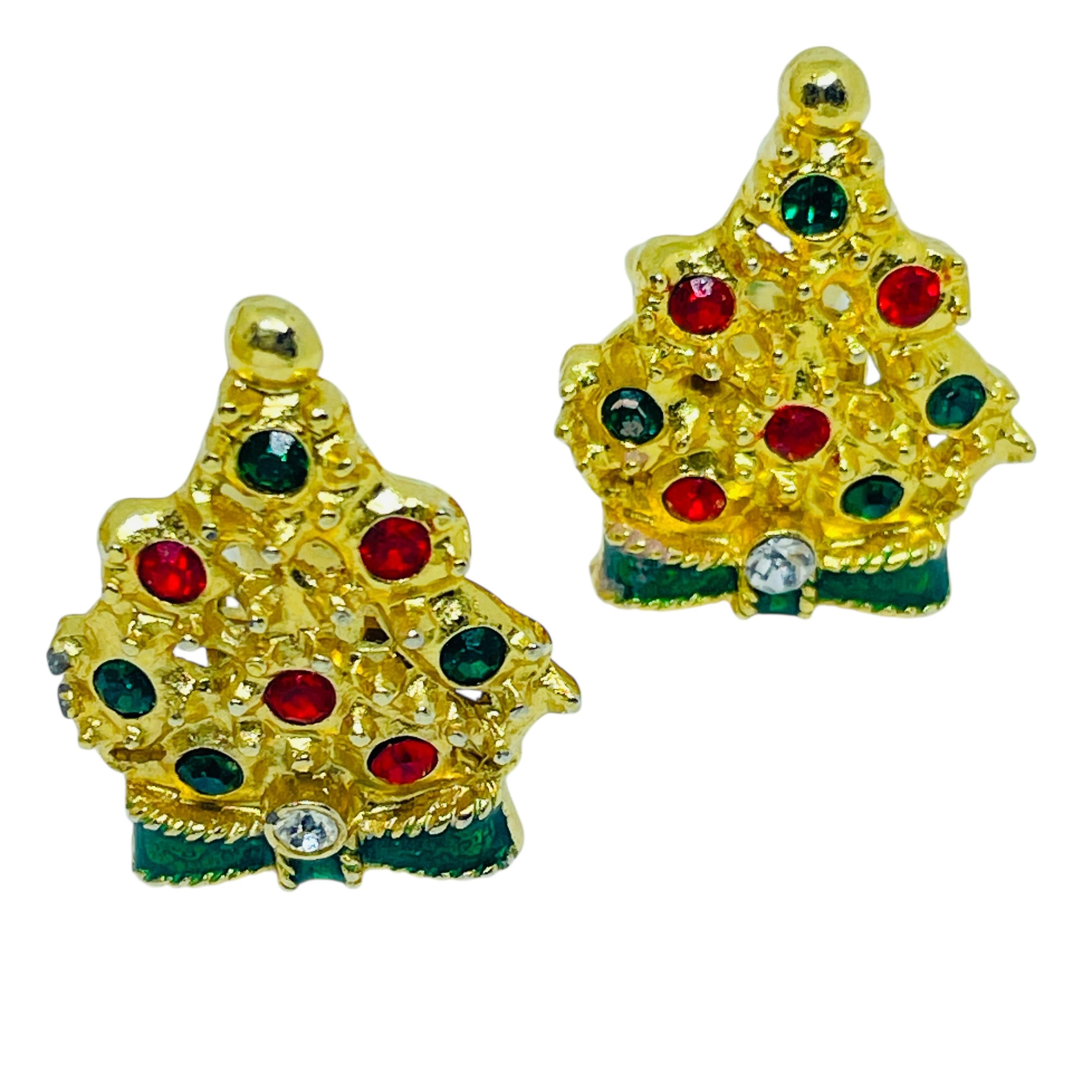 Vintage Weihnachtsbaum Gold Ton rot grün Strass Designer Clip auf Ohrringe im Angebot 2
