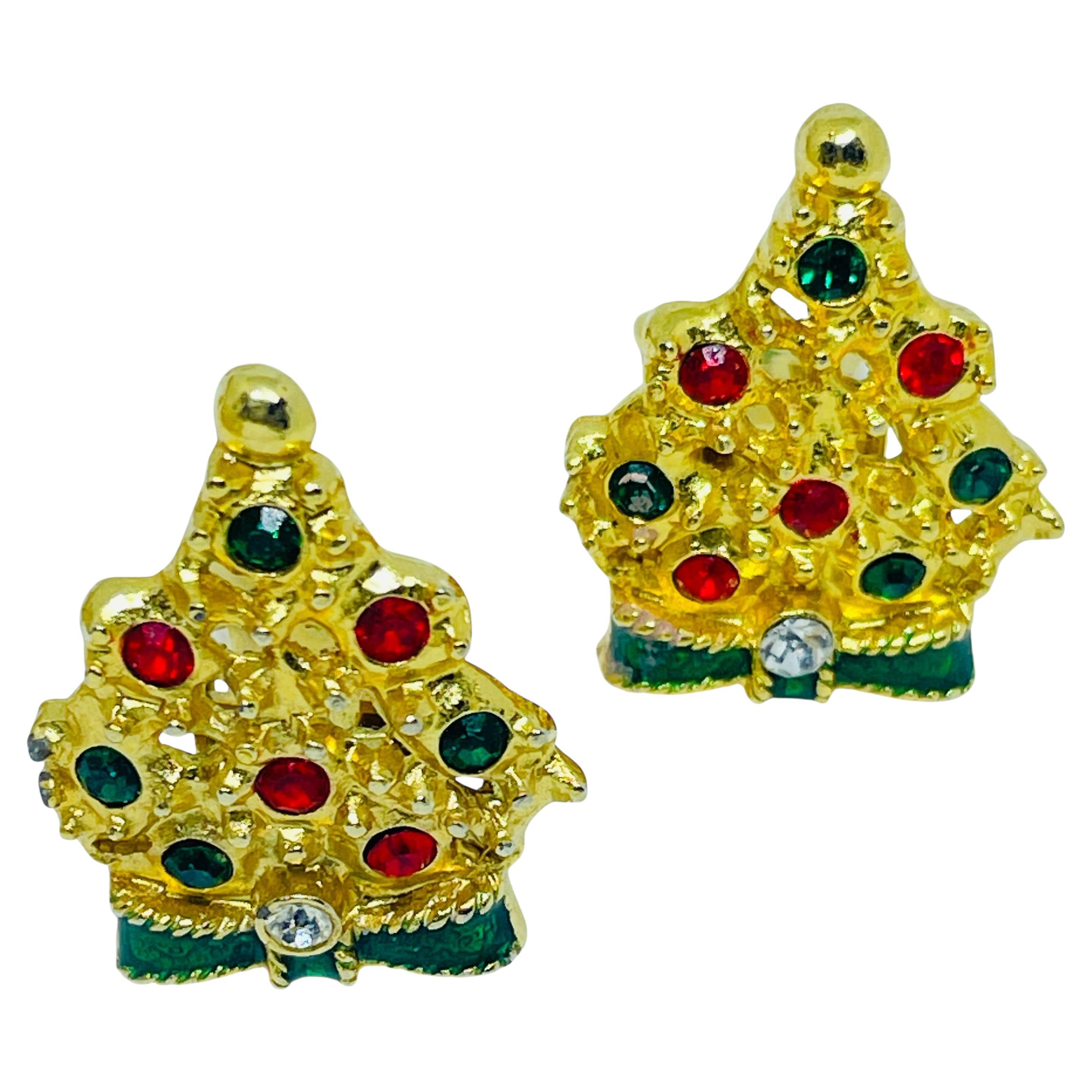 Orecchini a clip vintage con albero di Natale in tonalità oro, rosso e verde, con strass di design