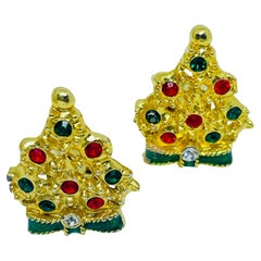 Orecchini a clip vintage con albero di Natale in tonalità oro, rosso e verde, con strass di design