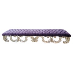 Vintage Christopher Guy Scrolled Silver Gilded Mahogany Tufted Bench in Velvet