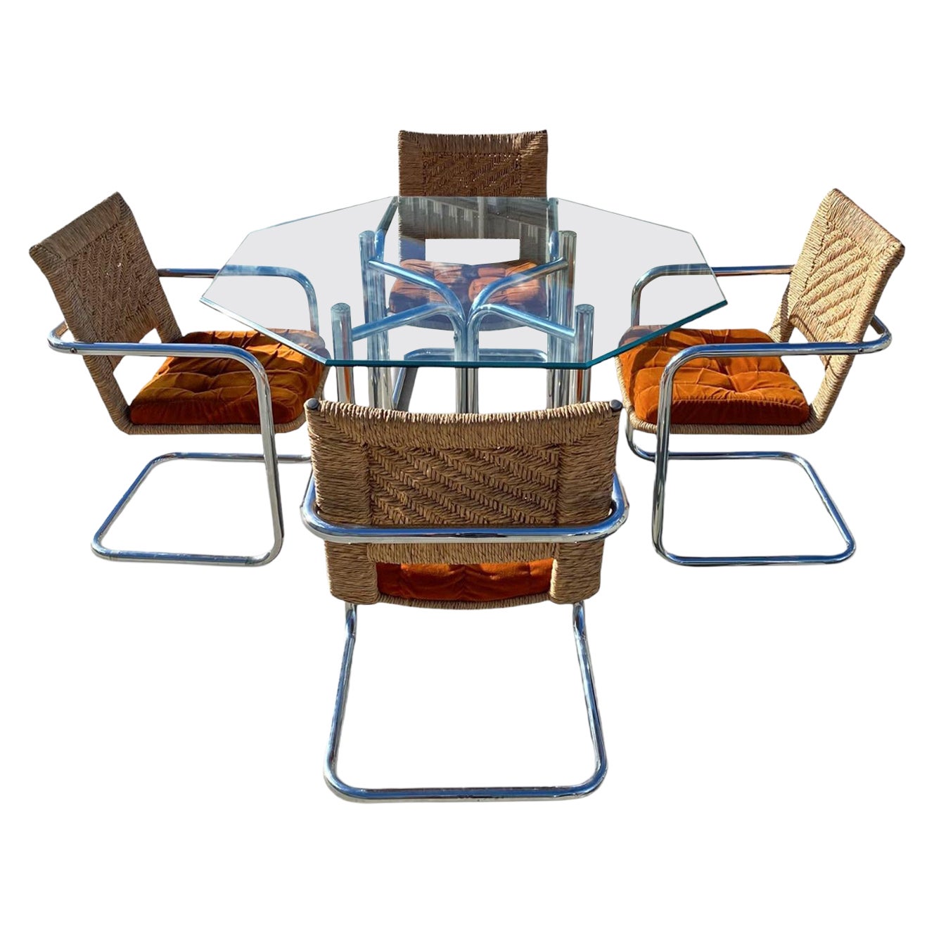 Vintage Chromcraft Dining Set - Chrome & Woven Dining Chairs with Glass Table