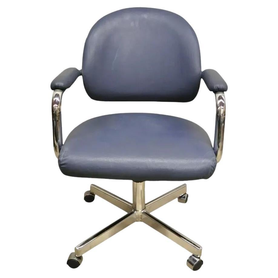 Vintage Chromcraft Mid Century Modern Blue Vinyl Rolling Office Desk Chair (A)