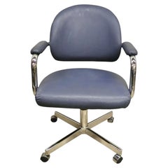 Vintage Chromcraft Mid Century Modern Blue Vinyl Rolling Office Desk Chair (A)