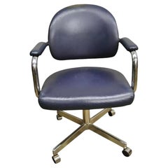 Vintage Chromcraft Mid Century Modern Blue Vinyl Rolling Office Desk Chair (B)