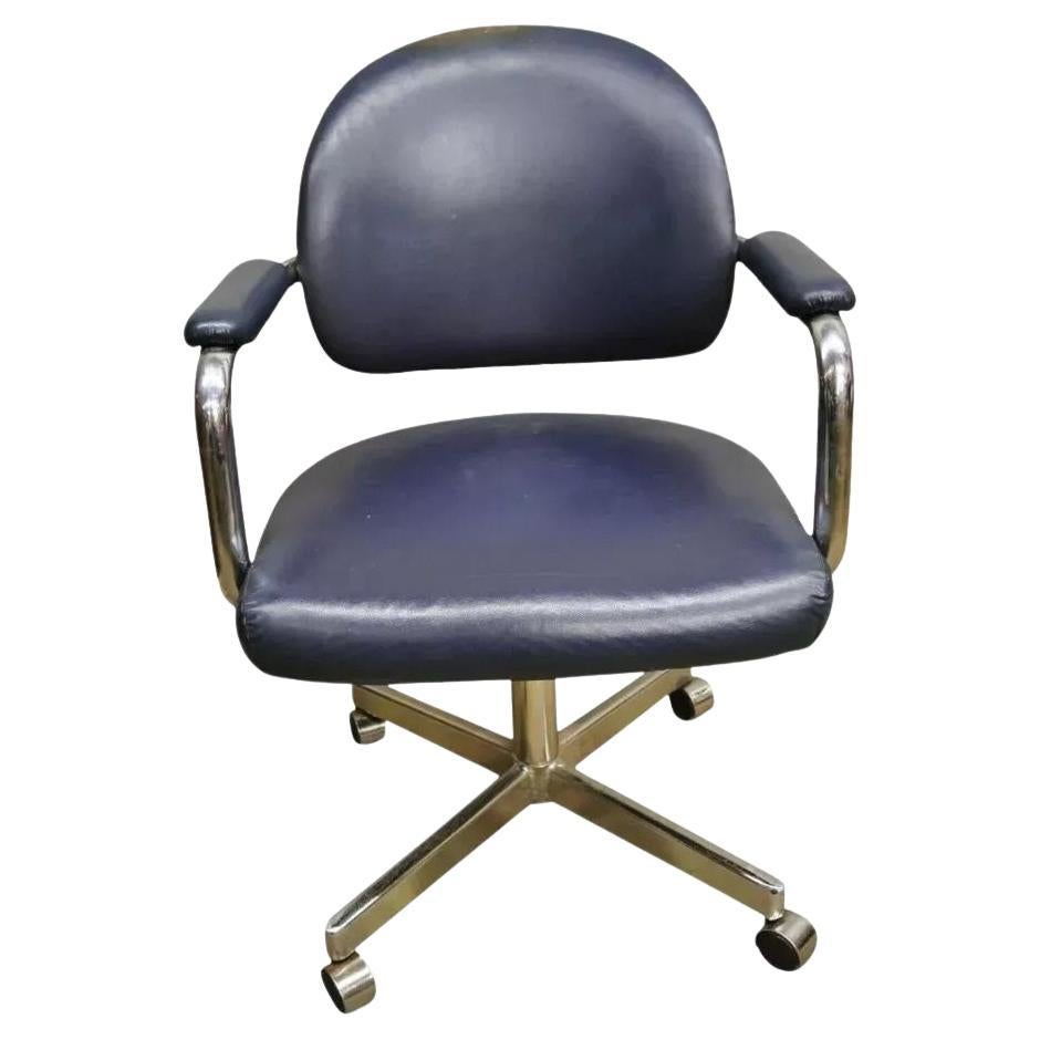 Vintage Chromcraft Mid Century Modern Blue Vinyl Rolling Office Desk Chair (B)