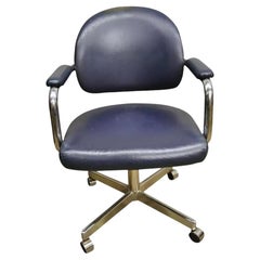 Vintage Chromcraft Mid Century Modern Blue Vinyl Rolling Office Desk Chair (B)