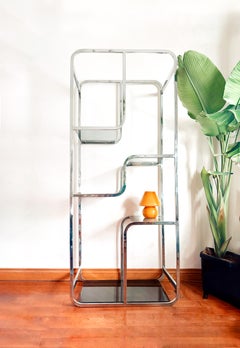 Vintage Chrome 1970's Shelves Etagere Smoked Glasses Milo Baughman Style