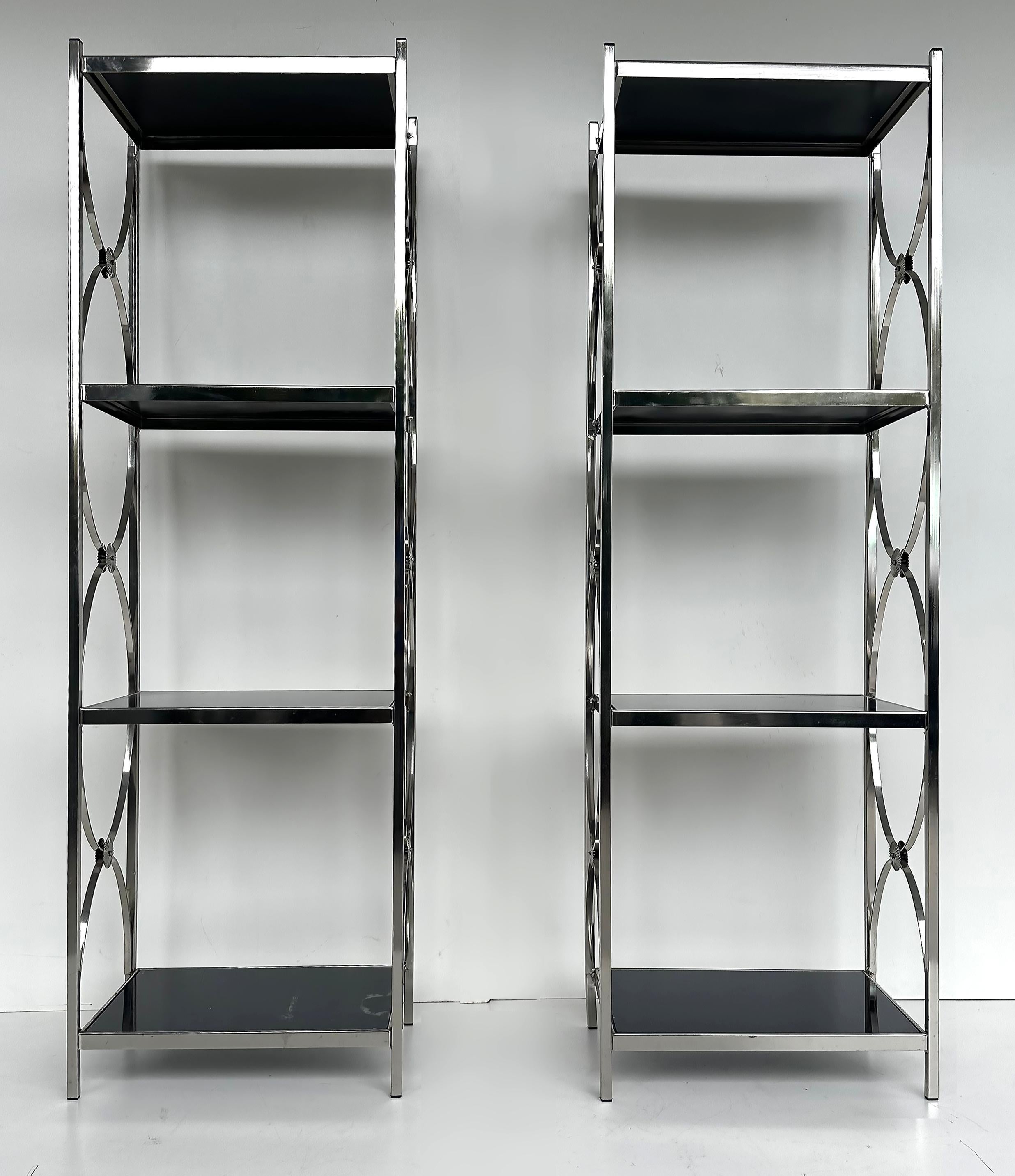 Modern Vintage Chrome 3-Tiered Black Glass Shelves Etagere, A Pair For Sale