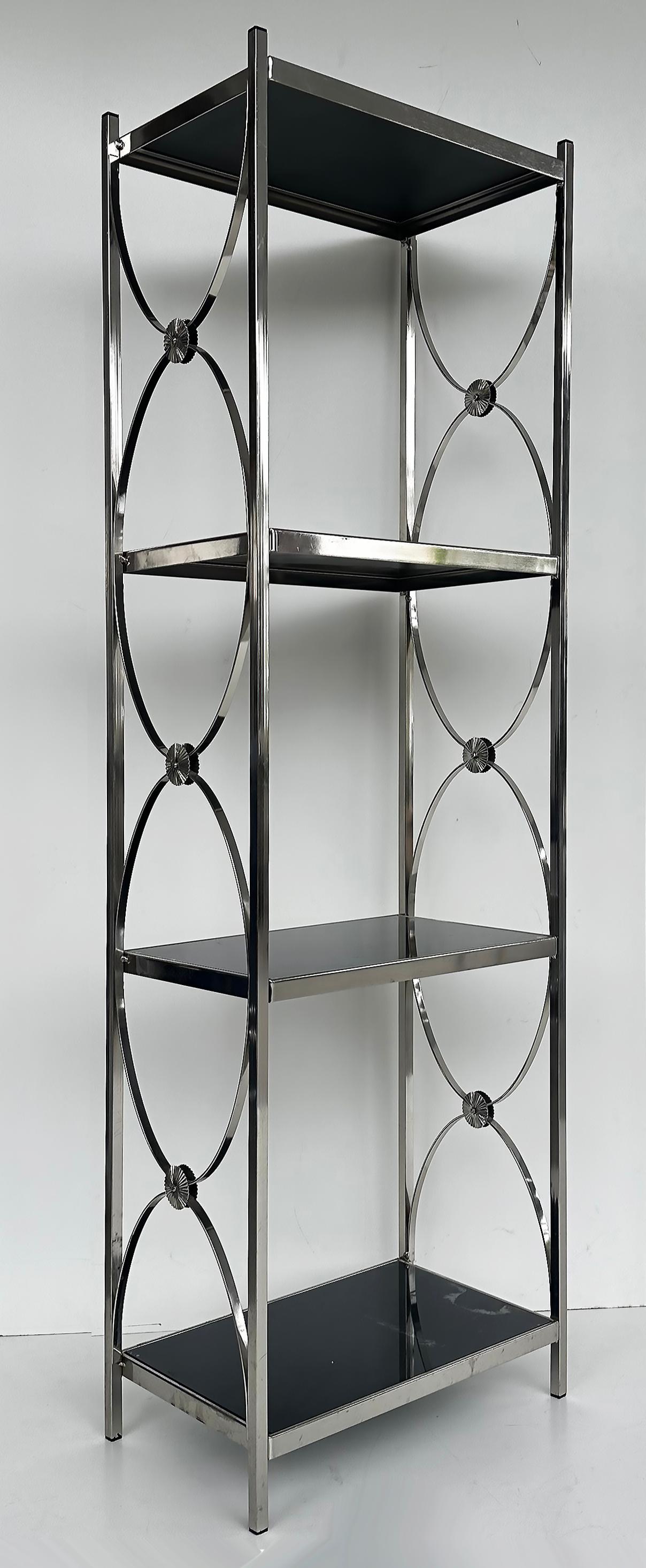 American Vintage Chrome 3-Tiered Black Glass Shelves Etagere, A Pair For Sale
