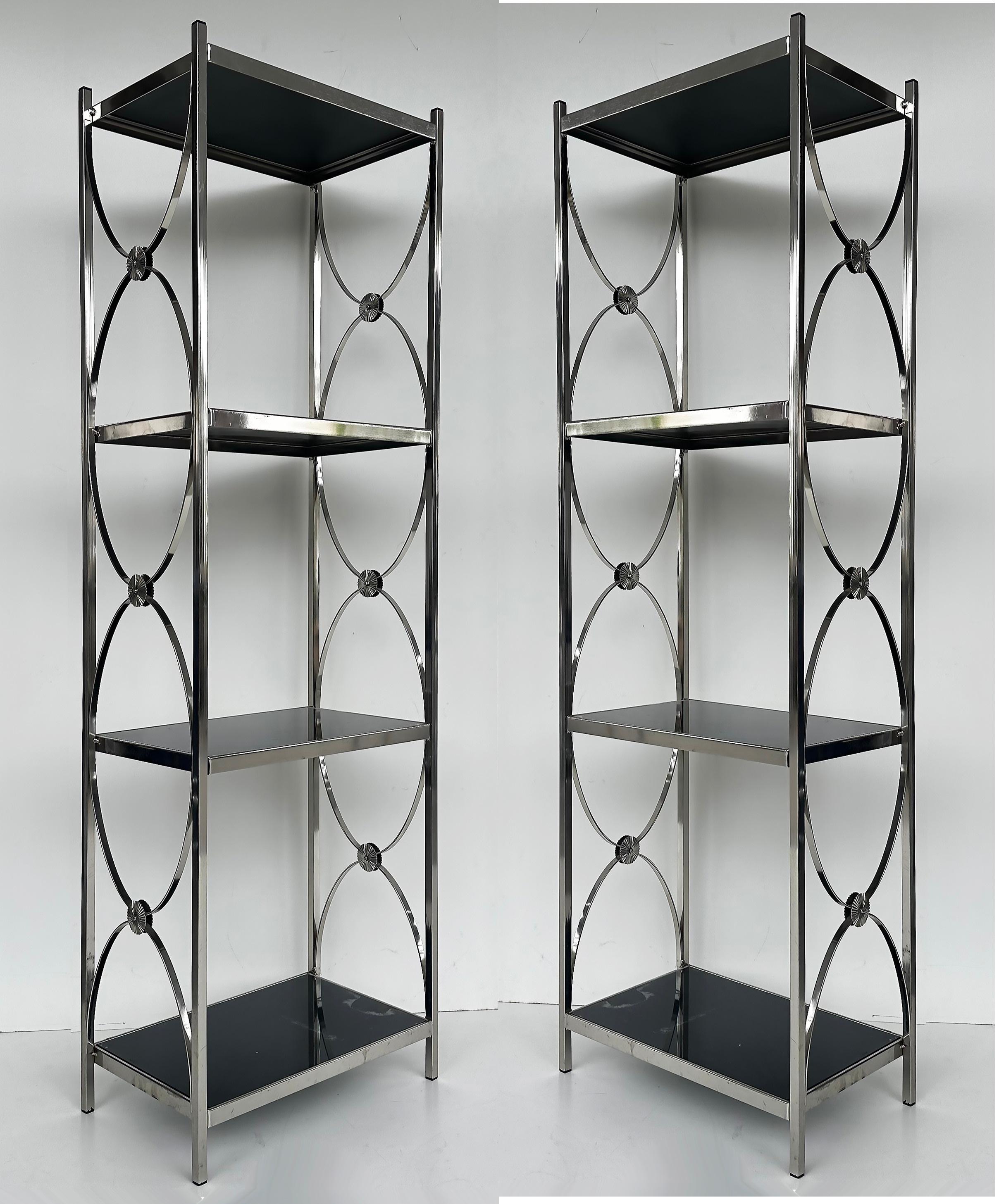 Vintage Chrome 3-Tiered Black Glass Shelves Etagere, A Pair In Good Condition For Sale In Miami, FL